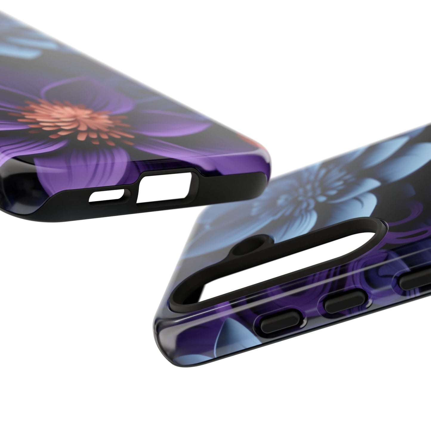 3D Floral Elegance Mobile Case – Midnight Blue & Purple Bloom