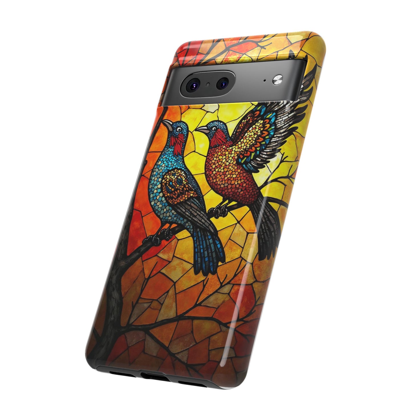 Vibrant Hummingbirds with Stained Glass Charm