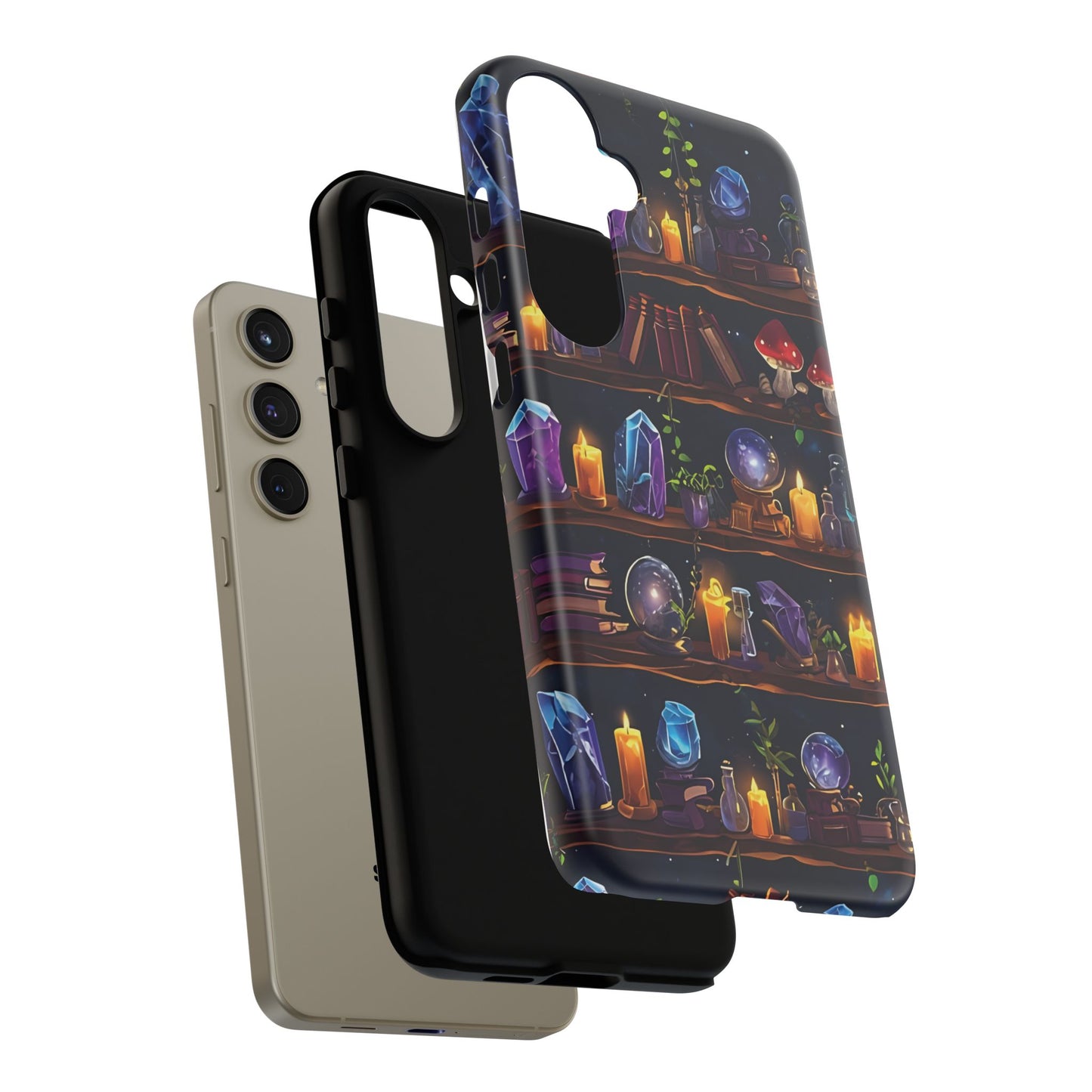 Fantasy Seamless Pattern Of Wooden Shelves Filled With Mystical Items phone case design.