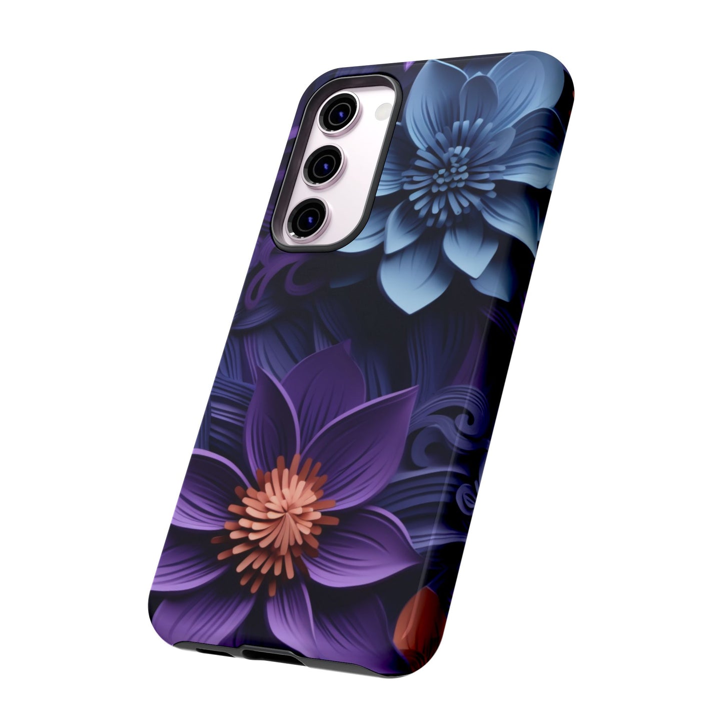 3D Floral Elegance Mobile Case – Midnight Blue & Purple Bloom