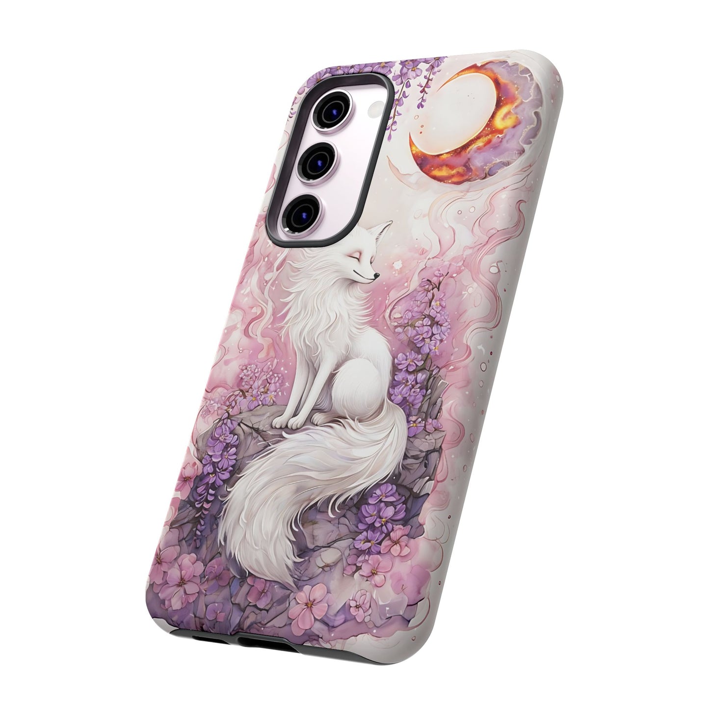 Whimsical White Fox Surrounded By Lavender And Pink Blooms phone case design.