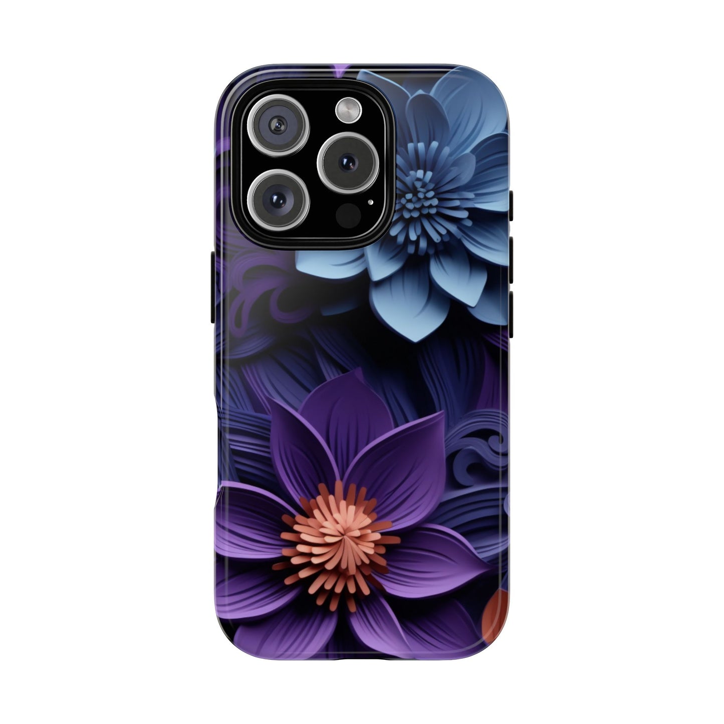 3D Floral Elegance Mobile Case – Midnight Blue & Purple Bloom