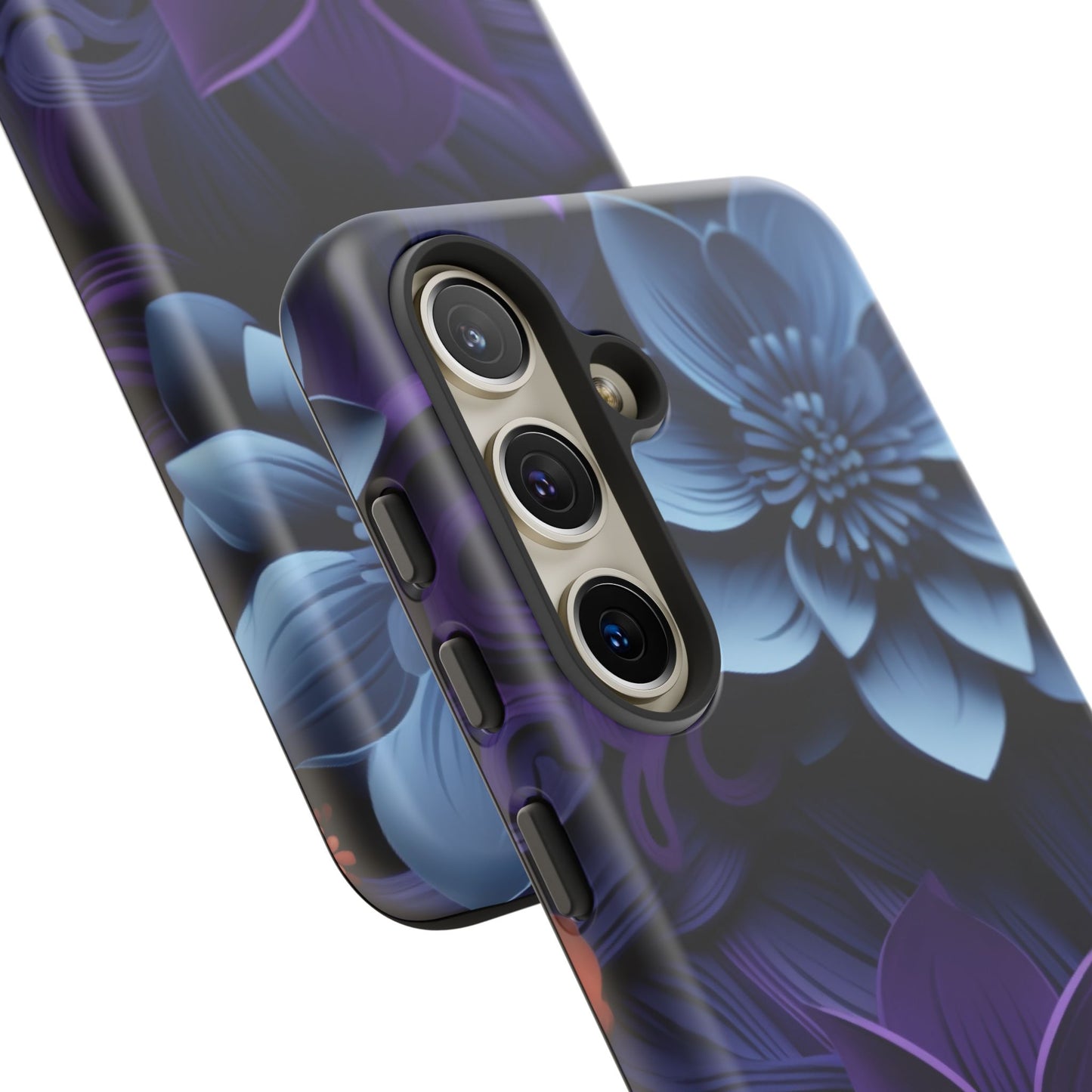 3D Floral Elegance Mobile Case – Midnight Blue & Purple Bloom