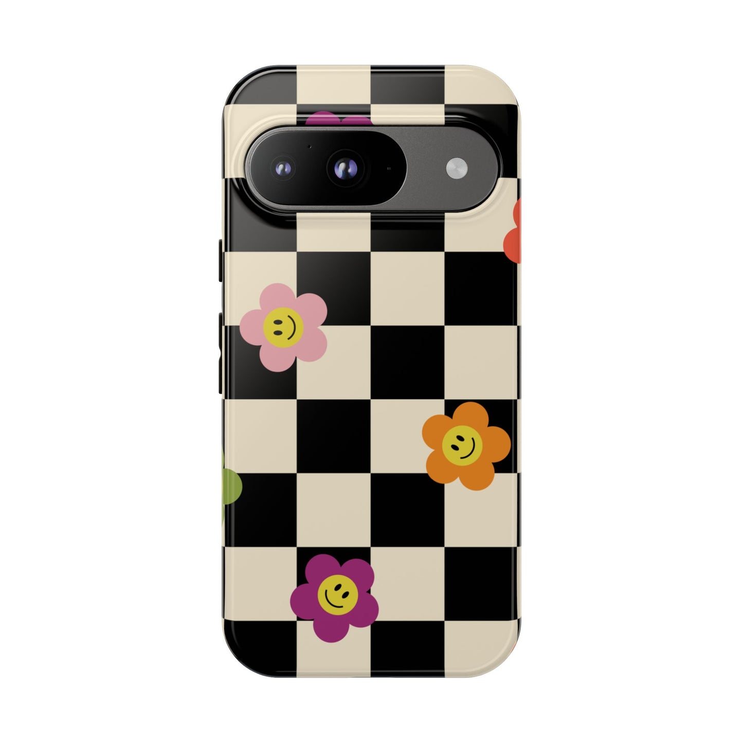 Retro Floral Phone Case – Vintage Flowers on Black & Beige Tiles, Chess Phone Case | For iPhone, Samsung & Google Pixel