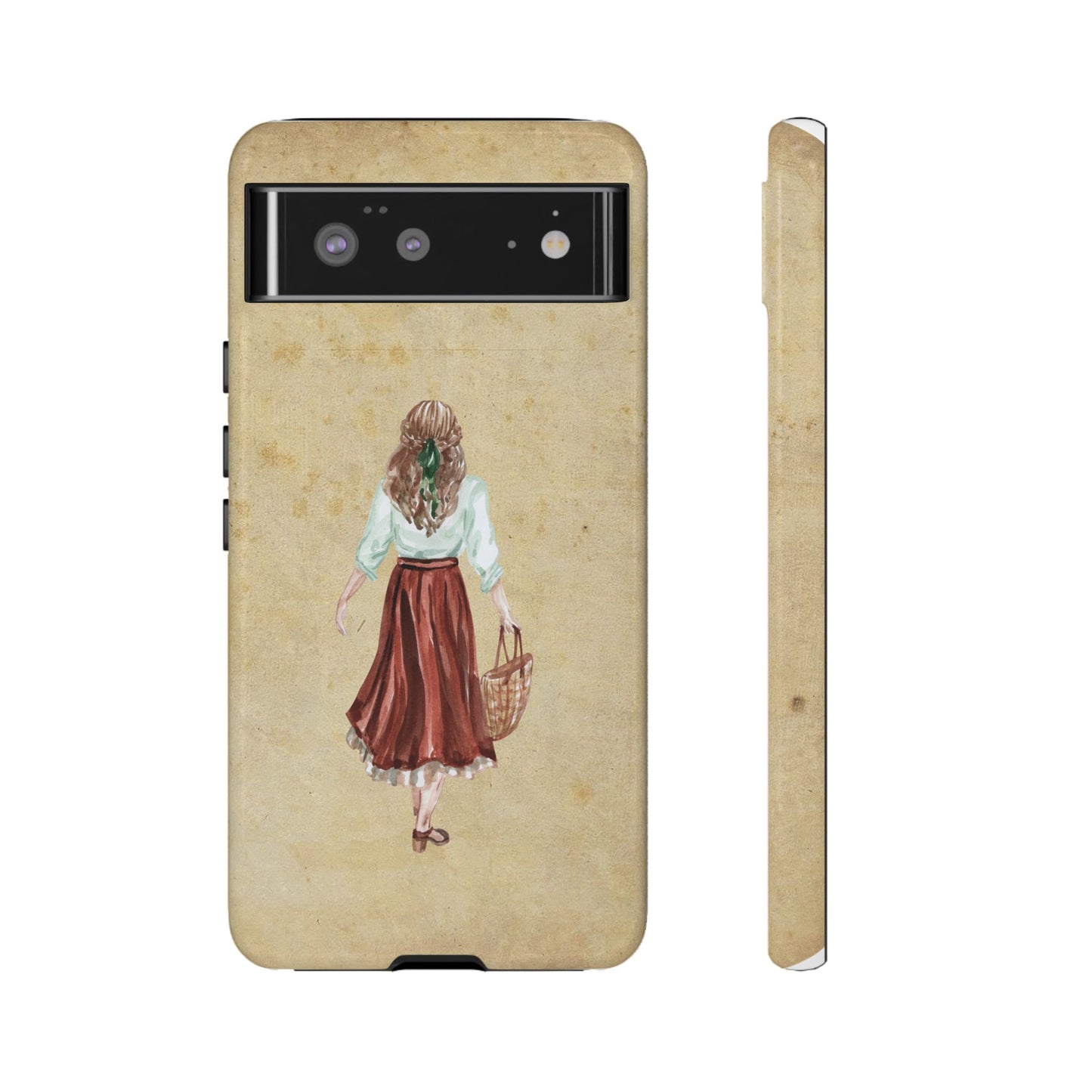 Minimal Vintage Girl with Bag Phone Case – Aesthetic Beige Design for iPhone, Samsung & Google Pixel