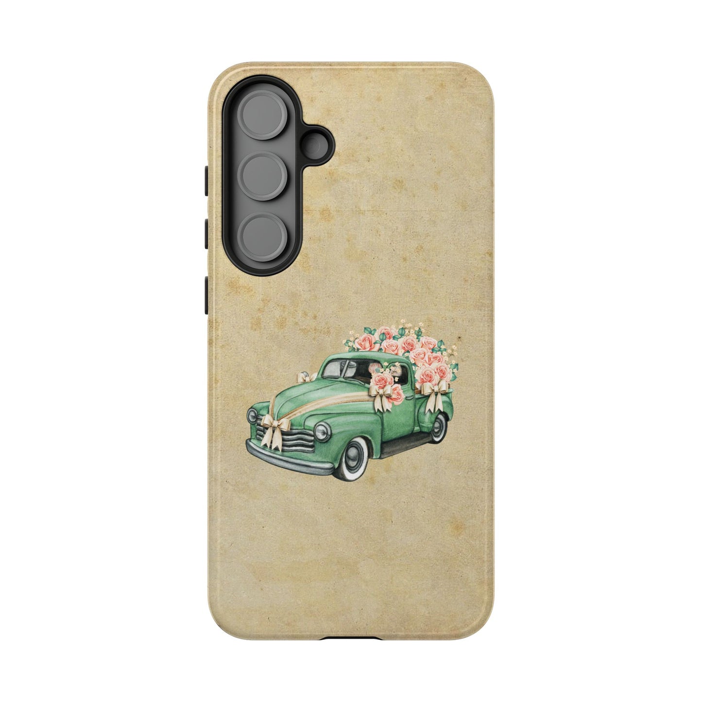 Minimal Vintage Floral Car Phone Case – Green Classic Car on Beige Background – for iPhone, Samsung & Google Pixel