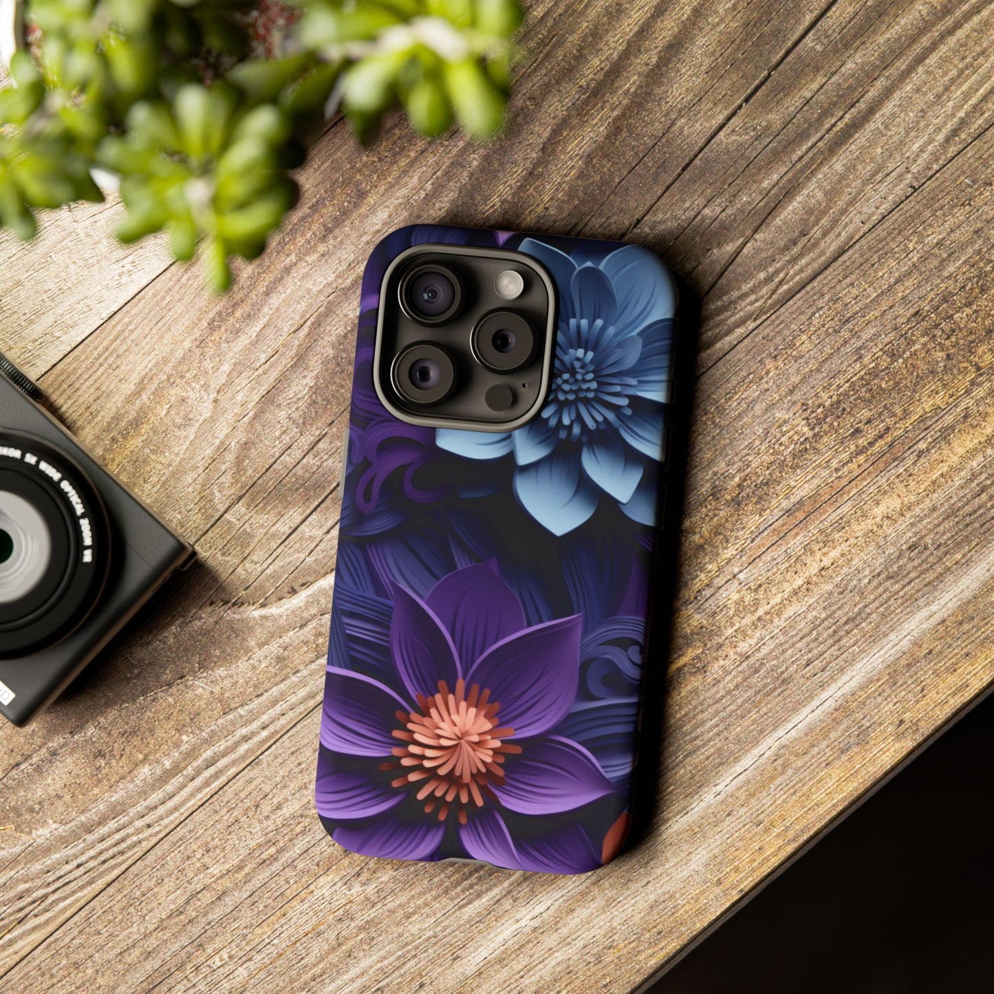 3D Floral Elegance Mobile Case – Midnight Blue & Purple Bloom