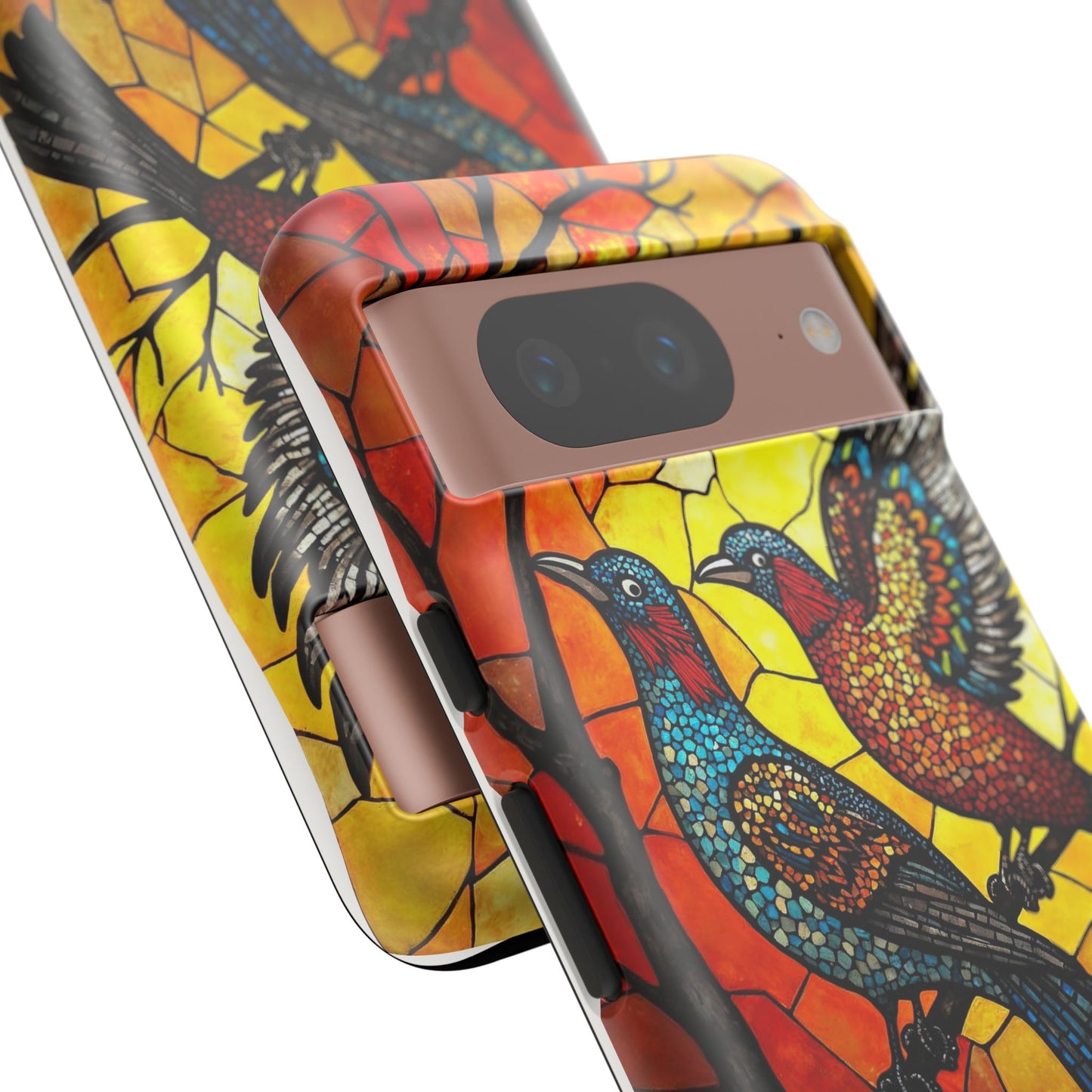 Vibrant Hummingbirds with Stained Glass Charm