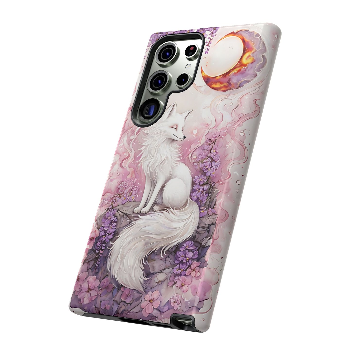 Whimsical White Fox Surrounded By Lavender And Pink Blooms phone case design.