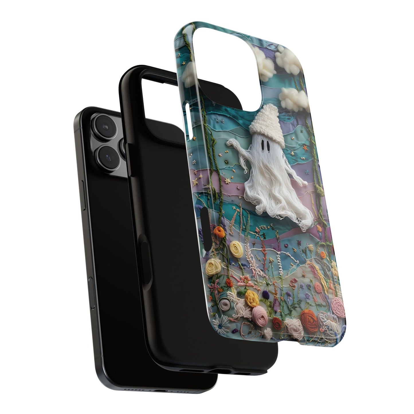 Whimsical Ghost Surrounded By Vibrant Embroidered Flowers phone case design.