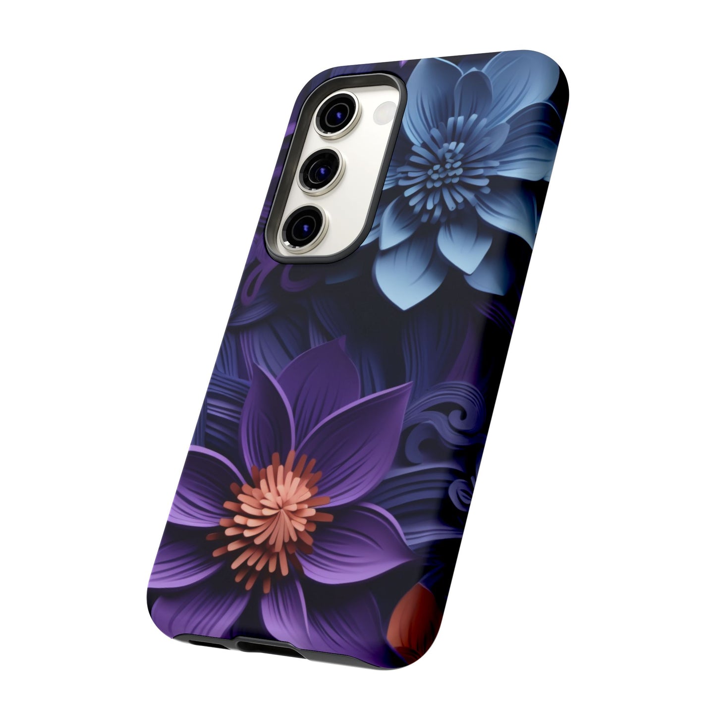 3D Floral Elegance Mobile Case – Midnight Blue & Purple Bloom