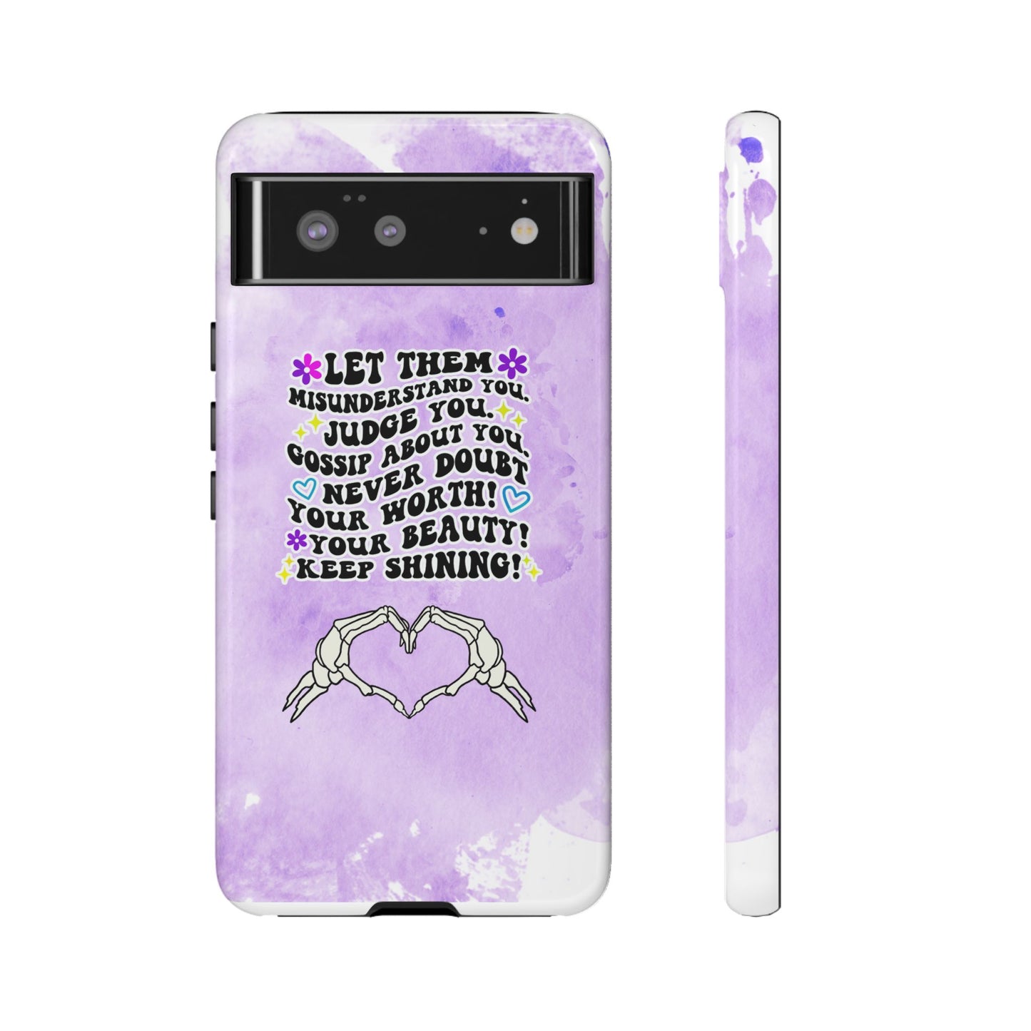 Skeleton Hand Heart Phone Case, Let Them Misunderstand You, Judge You, Gossip About You, Never Doubt Your Worth, Your Beauty Keep Shining Phone Case, Motivational Quote Cover for iPhone, Samsung & Google Pixel White Peach Checkered Pattern Phone Cover