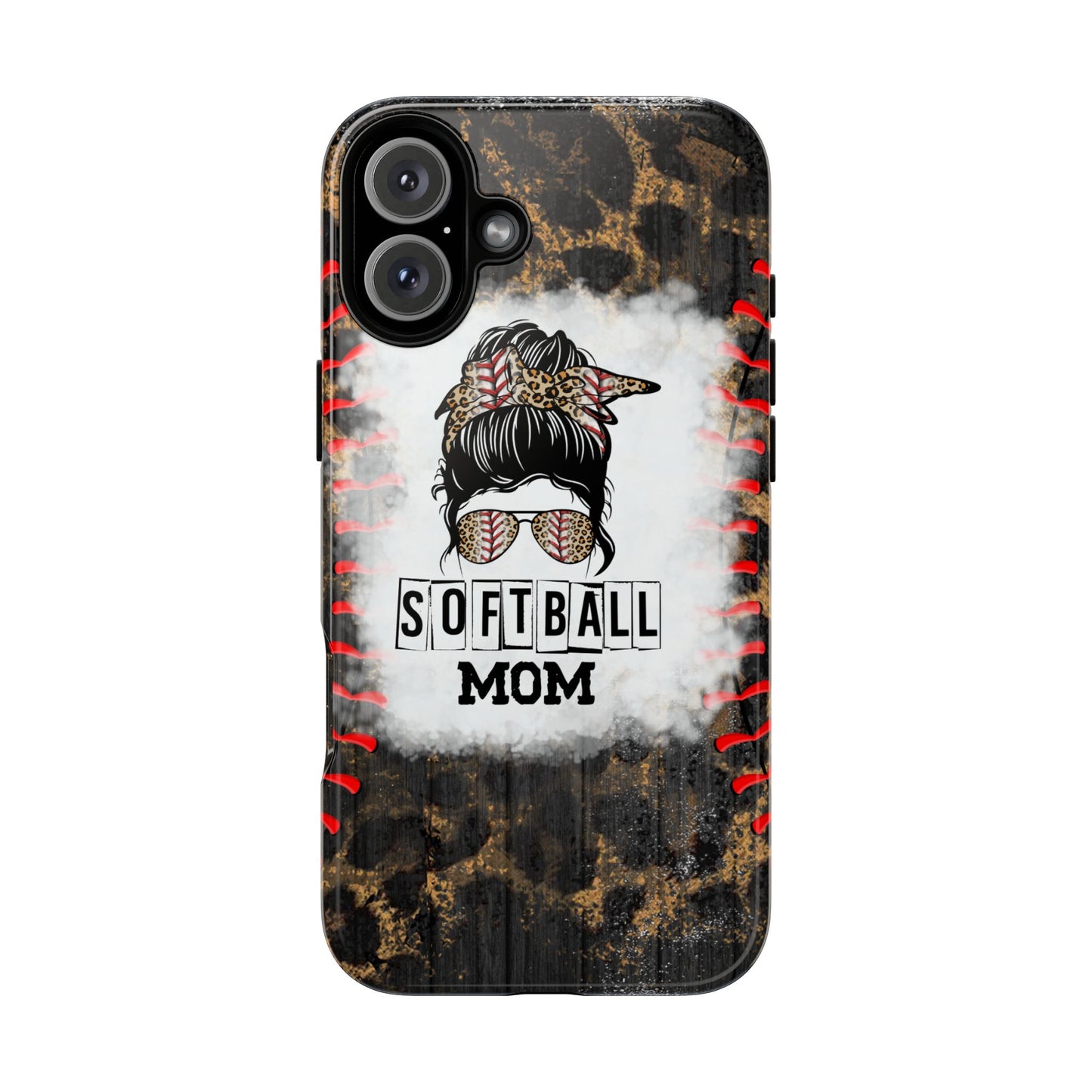 Softball Mom Phone Case for iPhone, Samsung & Google Pixel, Messy Bun Phone Case, Leopard Print Phone Case, Sports Lover Gift