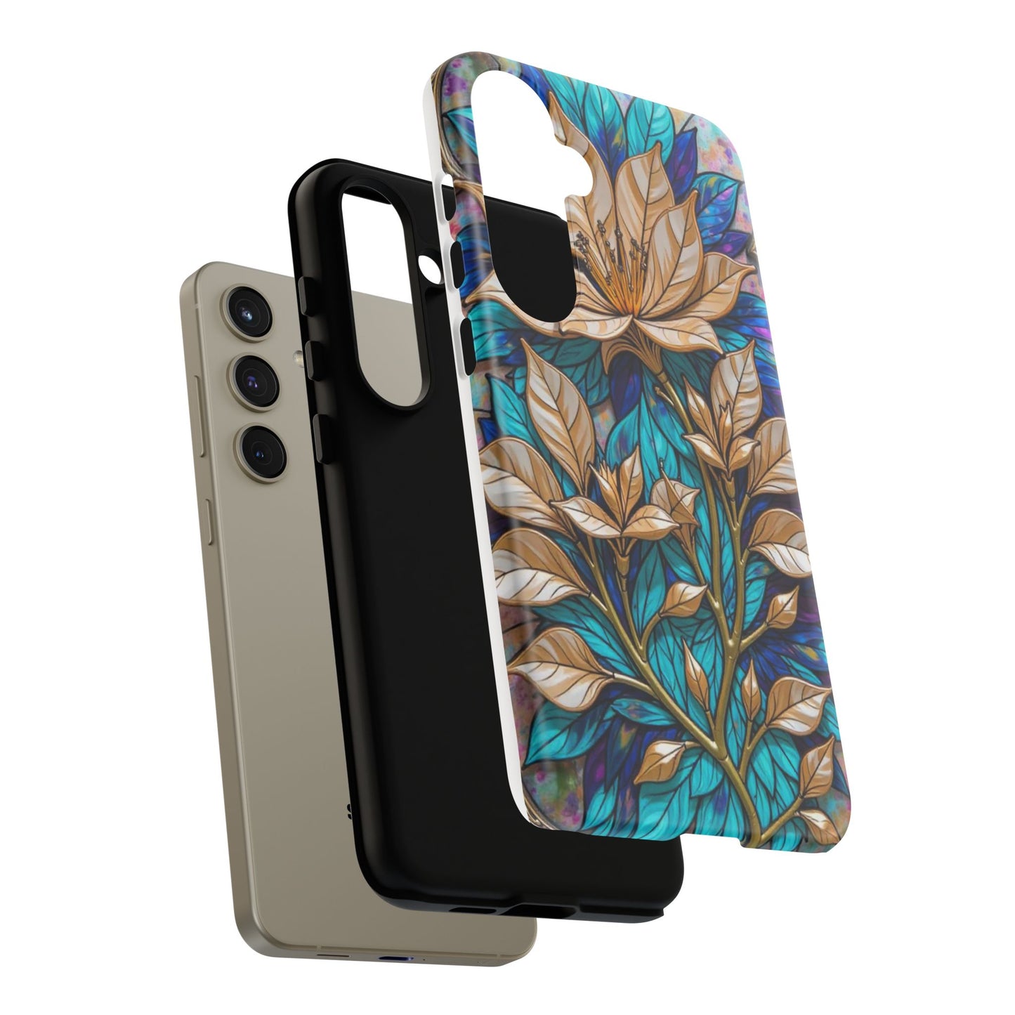 Majestic Golden Blossoms on Mosaic Blue Splendor