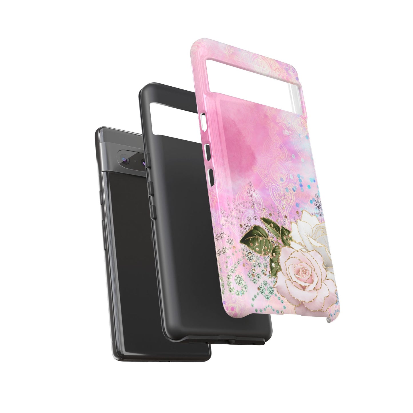 Luxury Pink & White Rose Glitter Mobile Case – Elegant & Shimmering Design