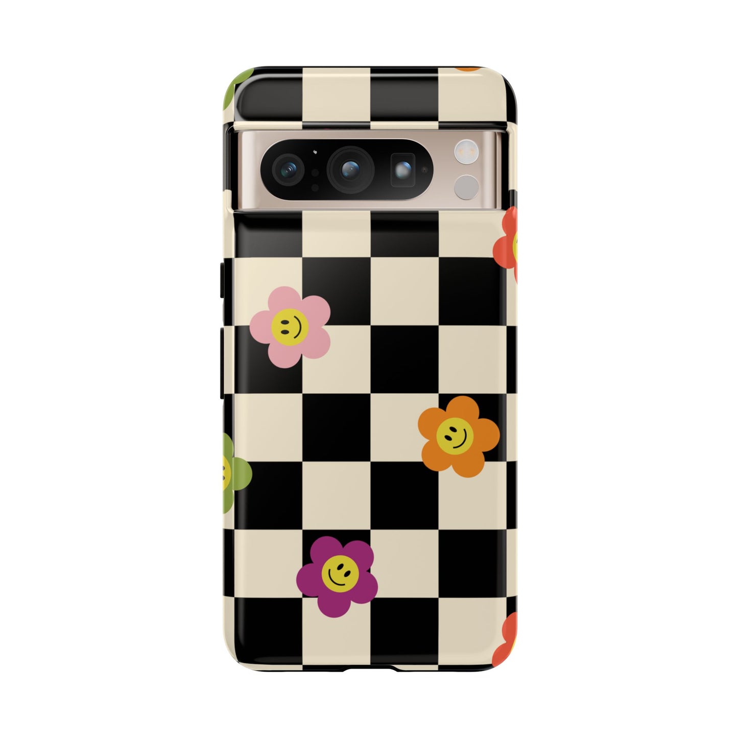 Retro Floral Phone Case – Vintage Flowers on Black & Beige Tiles, Chess Phone Case | For iPhone, Samsung & Google Pixel