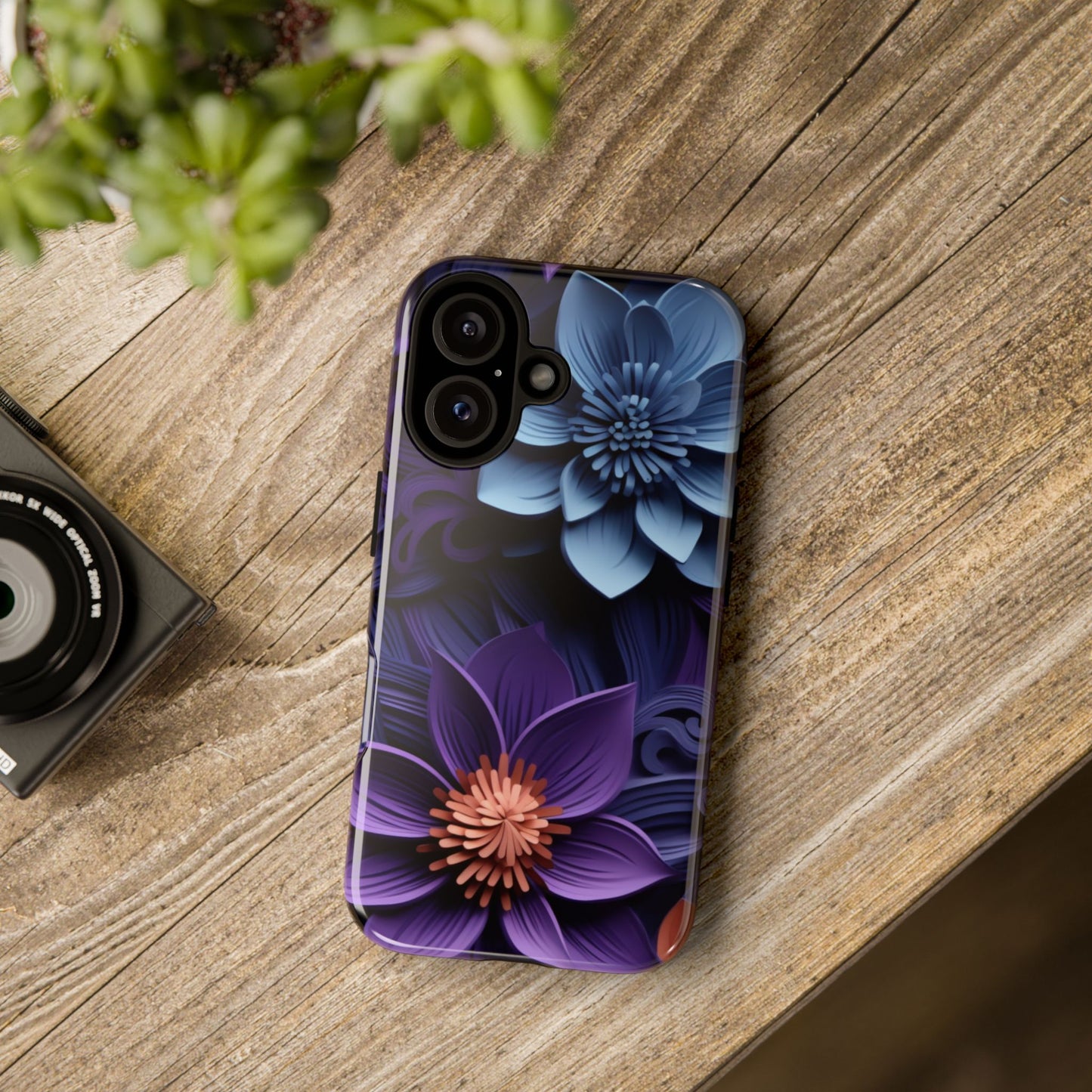 3D Floral Elegance Mobile Case – Midnight Blue & Purple Bloom