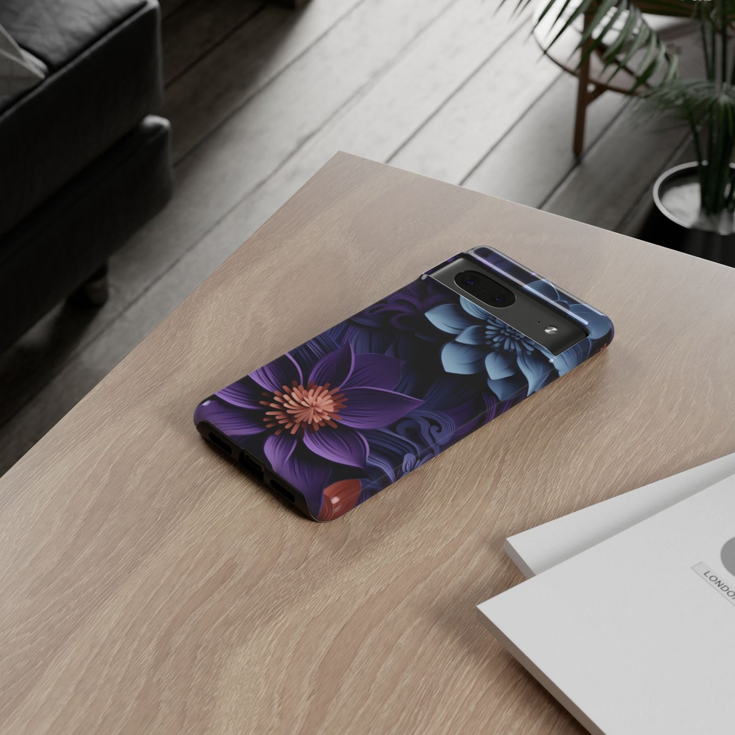 3D Floral Elegance Mobile Case – Midnight Blue & Purple Bloom