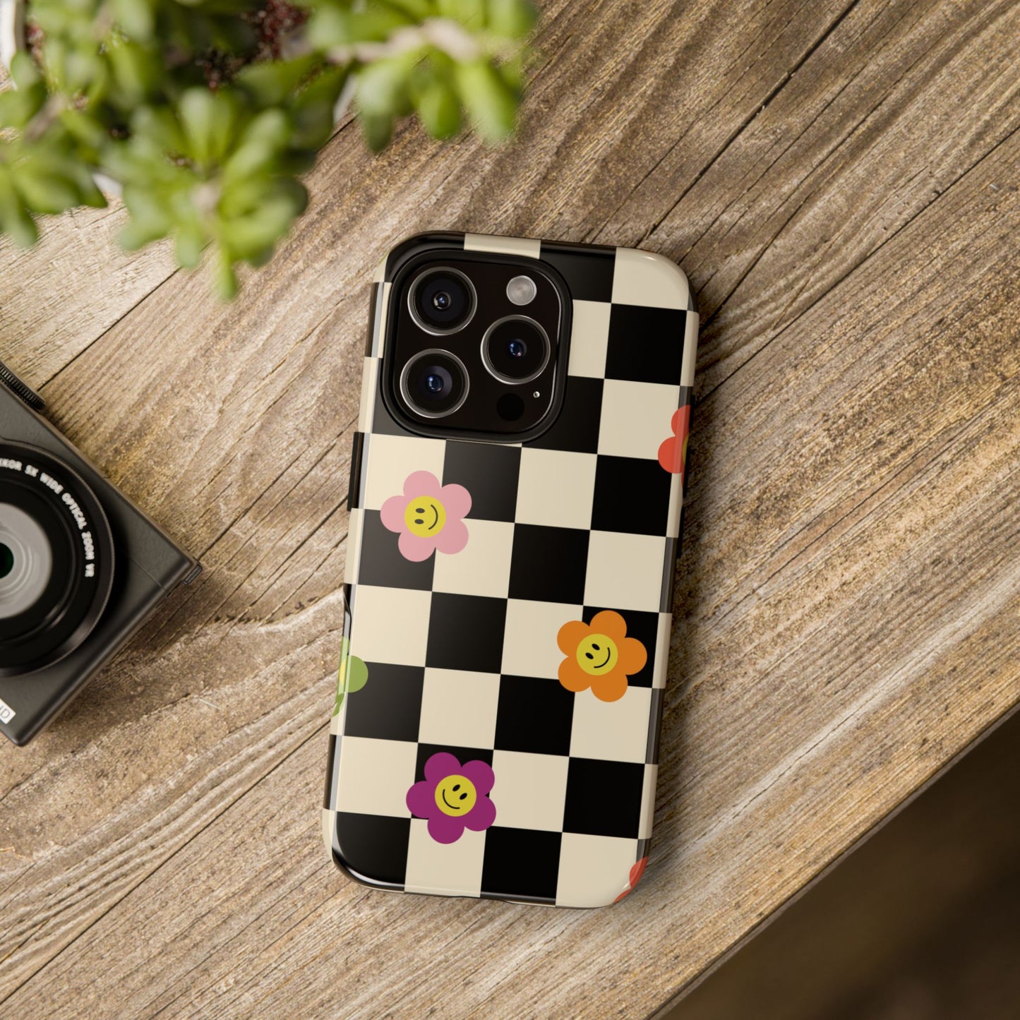 Retro Floral Phone Case – Vintage Flowers on Black & Beige Tiles, Chess Phone Case | For iPhone, Samsung & Google Pixel
