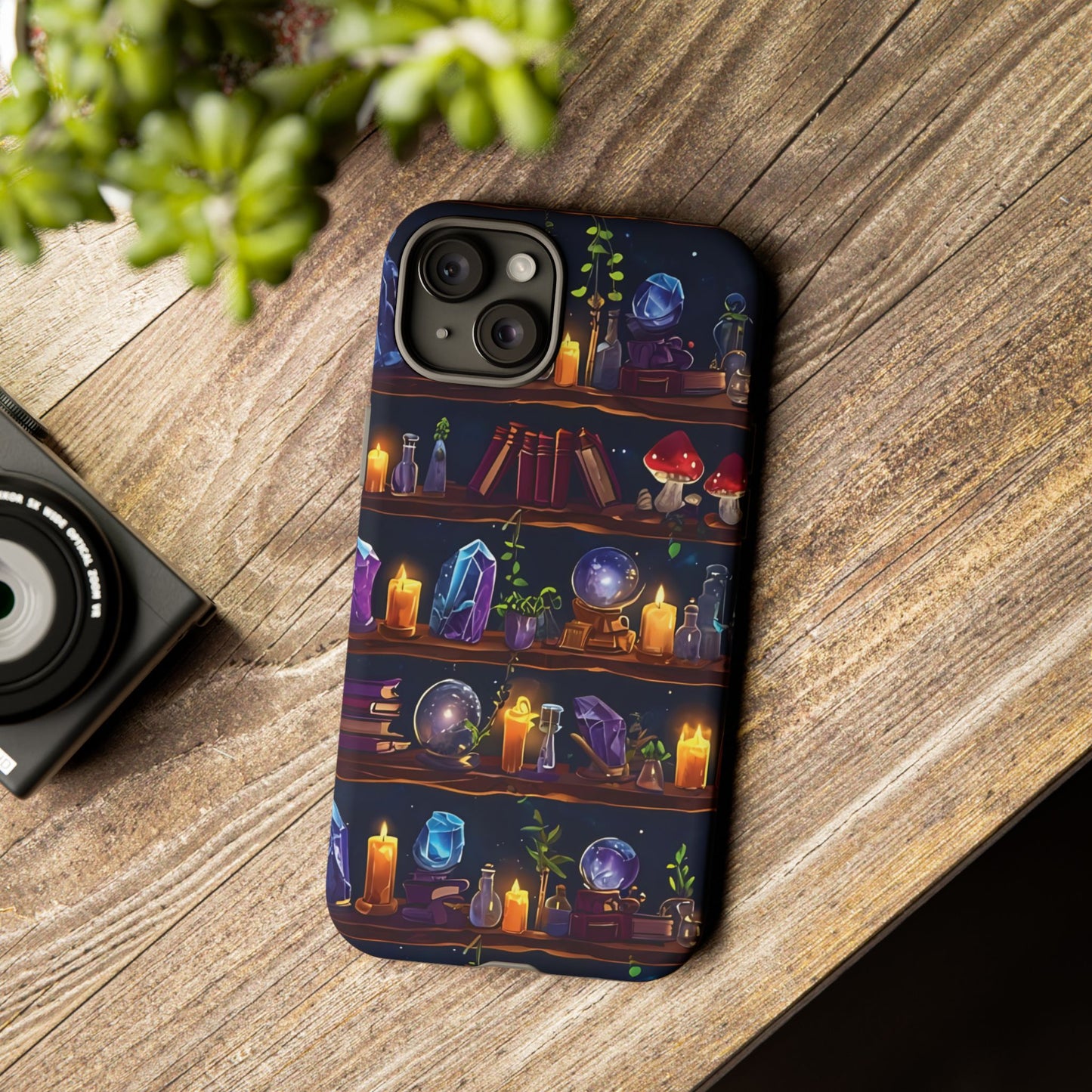 Fantasy Seamless Pattern Of Wooden Shelves Filled With Mystical Items phone case design.