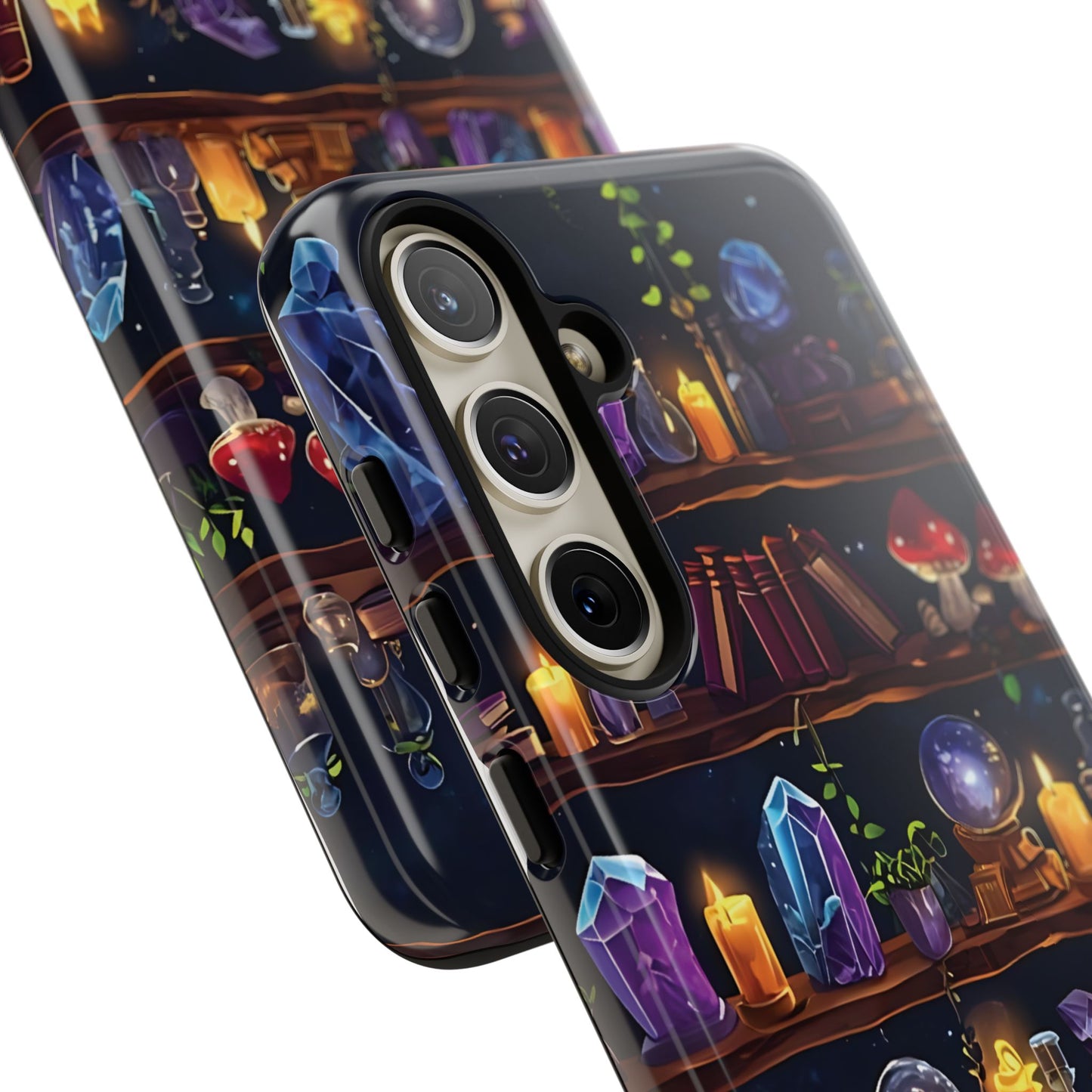 Fantasy Seamless Pattern Of Wooden Shelves Filled With Mystical Items phone case design.