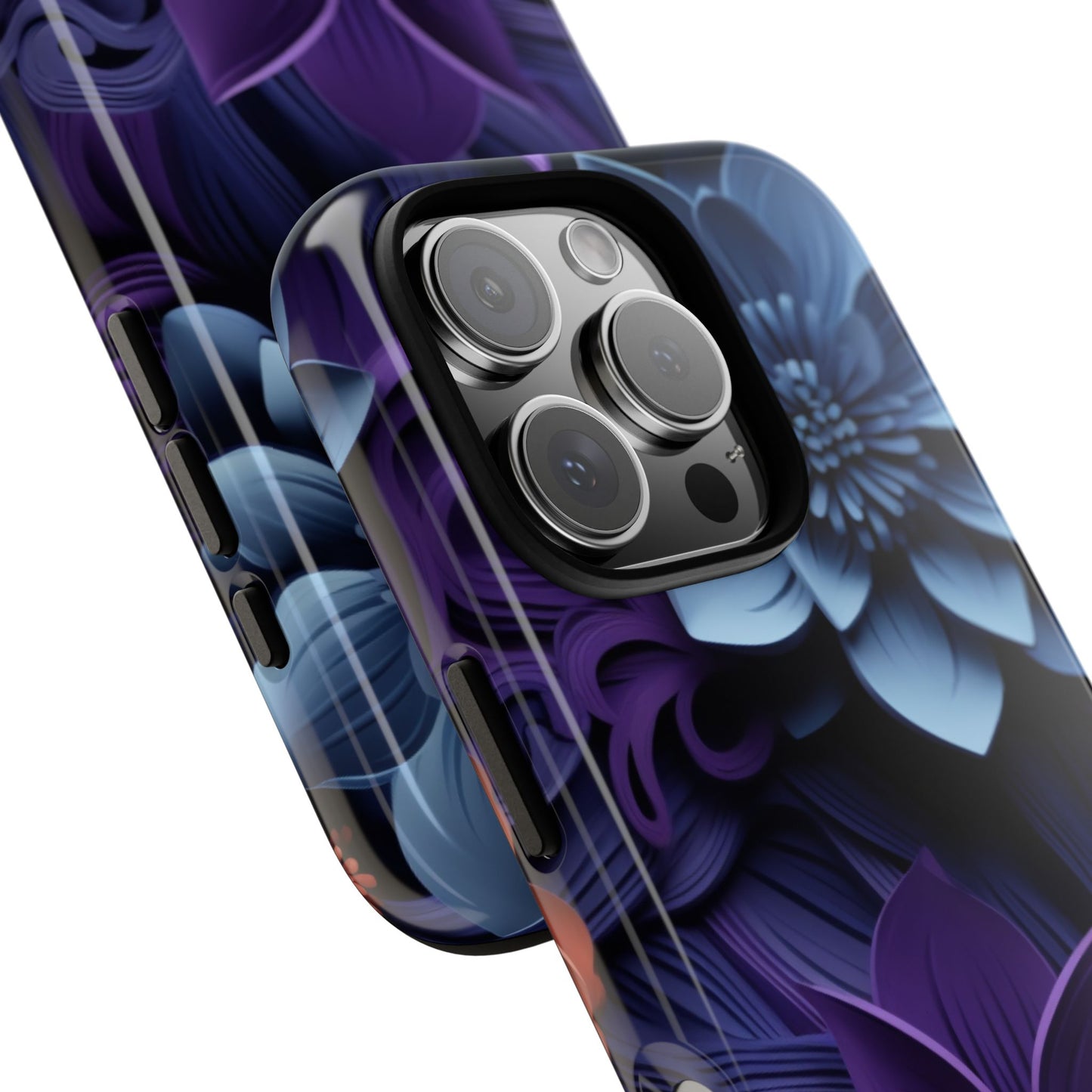 3D Floral Elegance Mobile Case – Midnight Blue & Purple Bloom