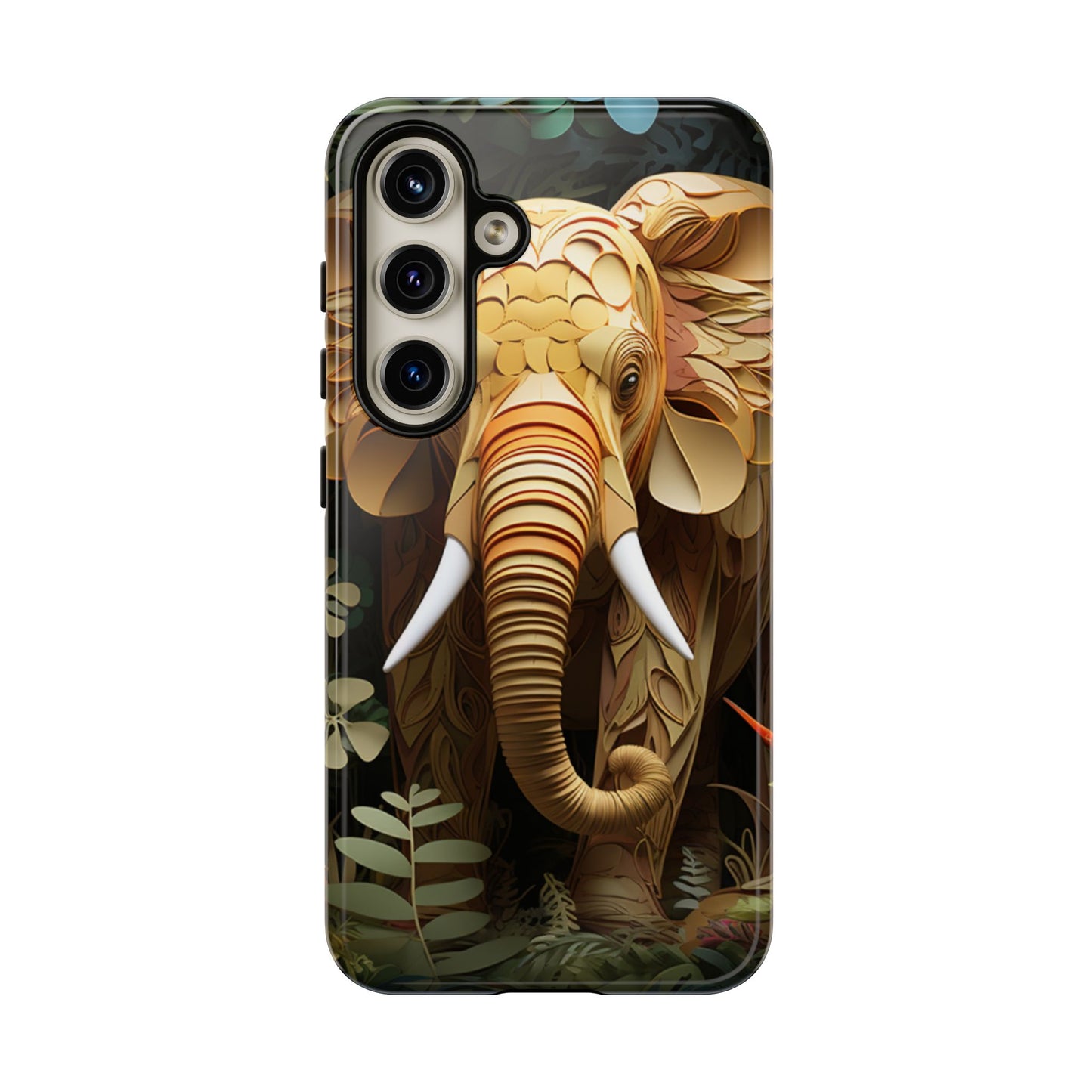 Golden Jungle Elephant Mobile Cover – Intricate Paper Art Design
