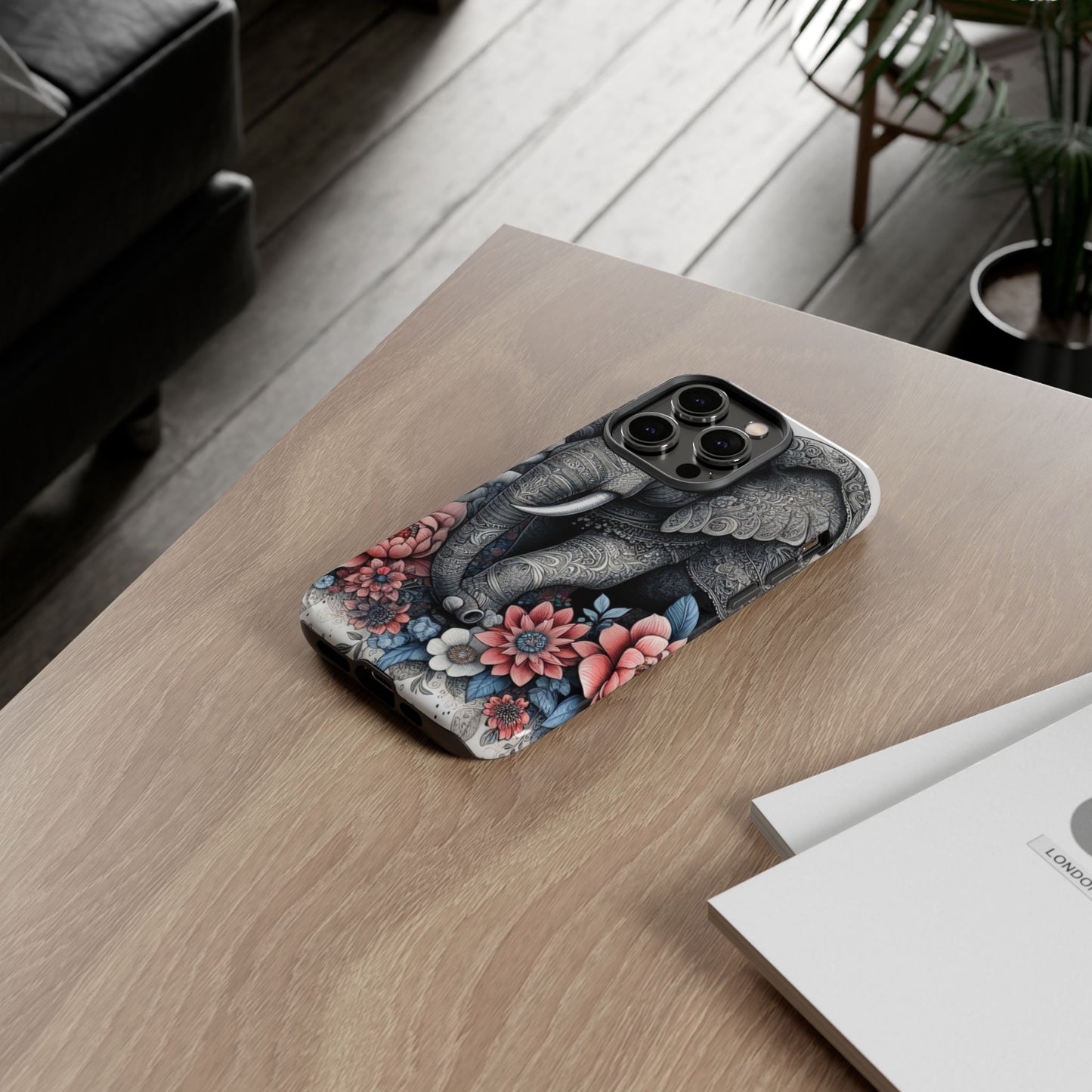 Mandala Elephant Mobile Cover – Elegant Black & White Floral Art