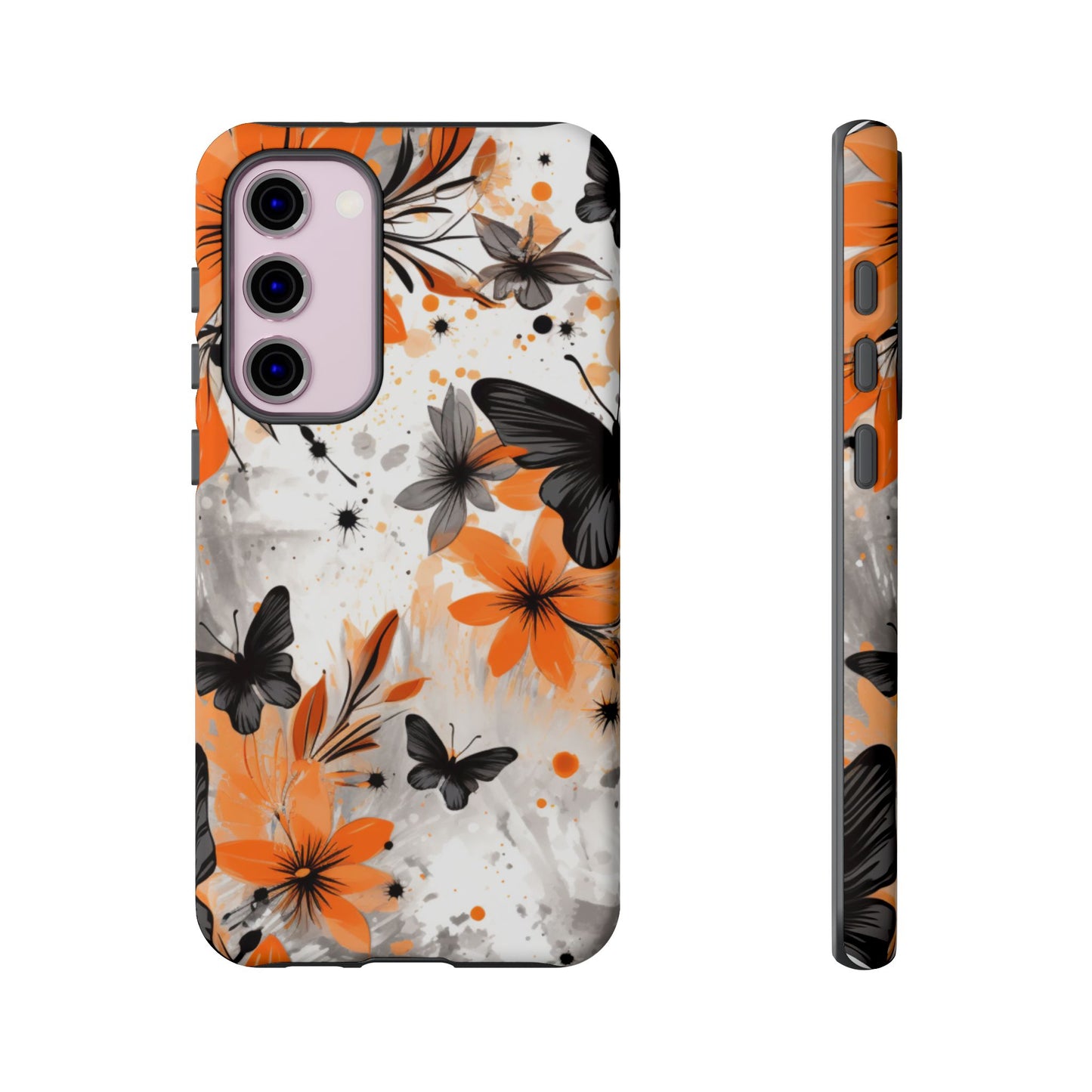 Bold Butterfly & Floral Splash Mobile Cover – Black & Orange Aesthetic