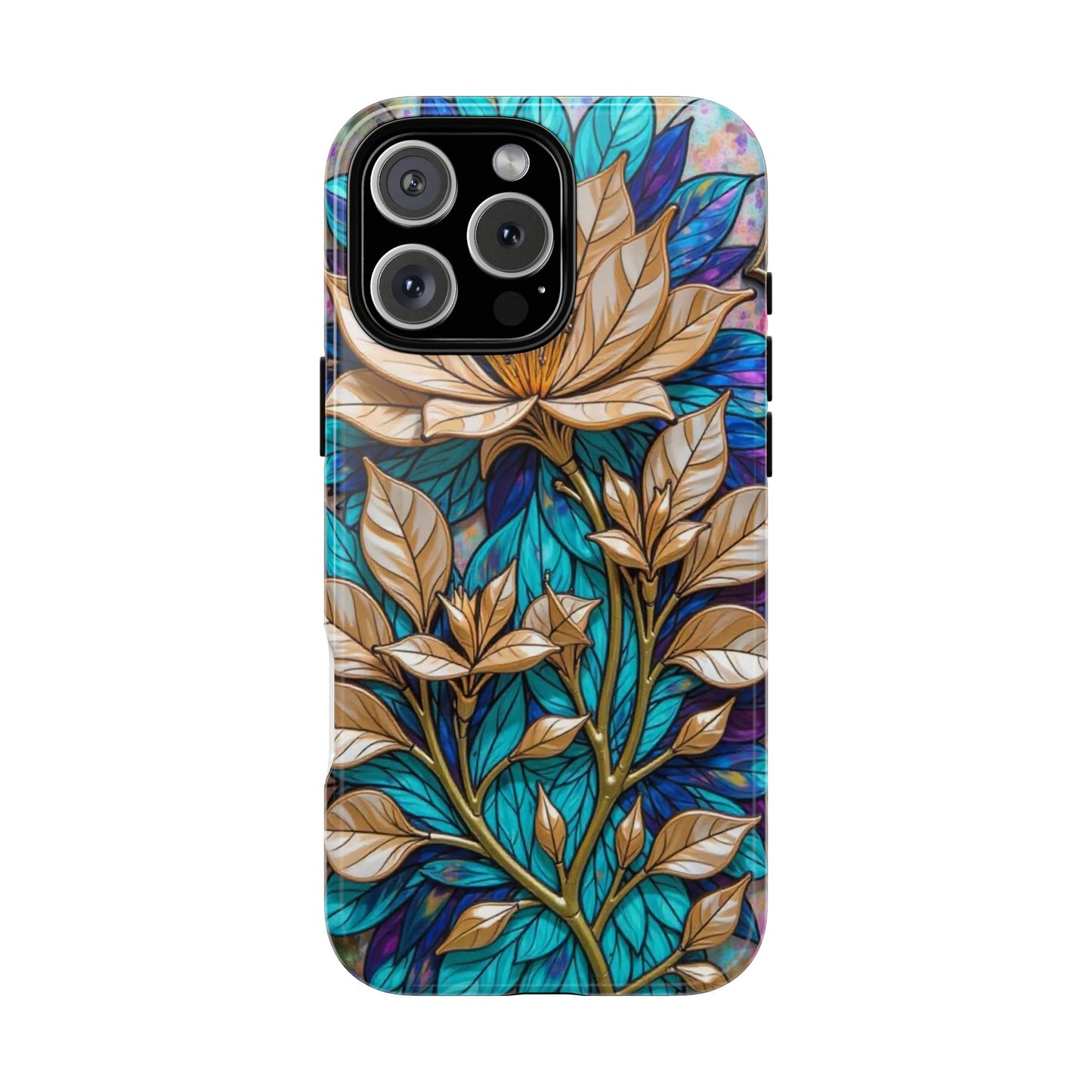 Majestic Golden Blossoms on Mosaic Blue Splendor