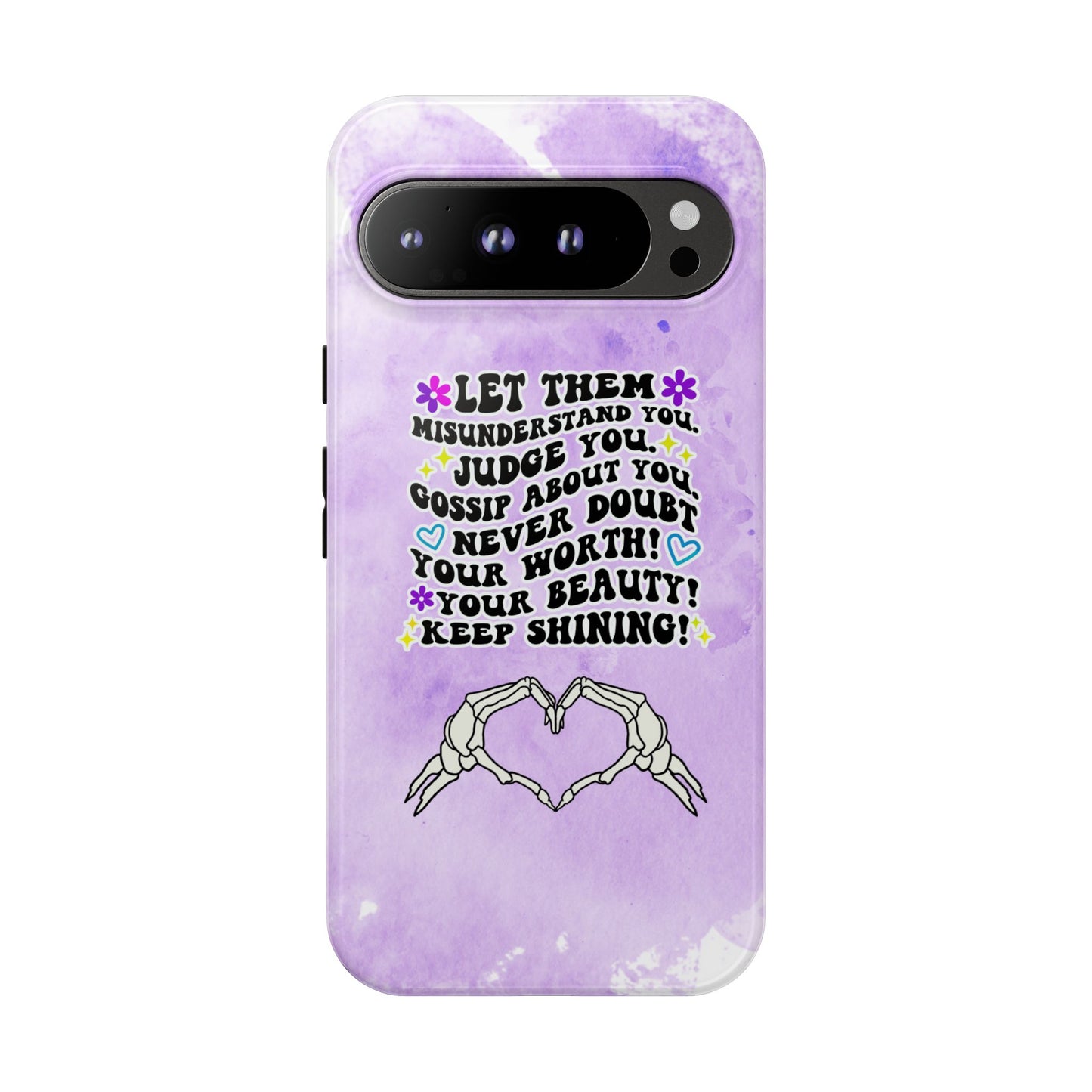 Skeleton Hand Heart Phone Case, Let Them Misunderstand You, Judge You, Gossip About You, Never Doubt Your Worth, Your Beauty Keep Shining Phone Case, Motivational Quote Cover for iPhone, Samsung & Google Pixel White Peach Checkered Pattern Phone Cover