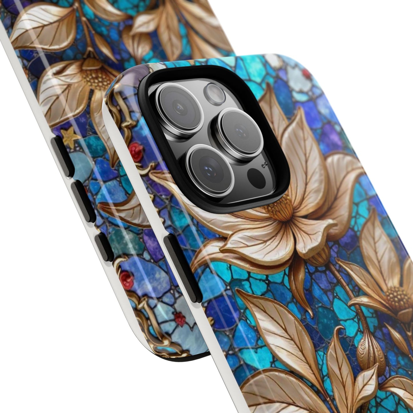 Golden Blossoms on Mosaic Blue Elegance