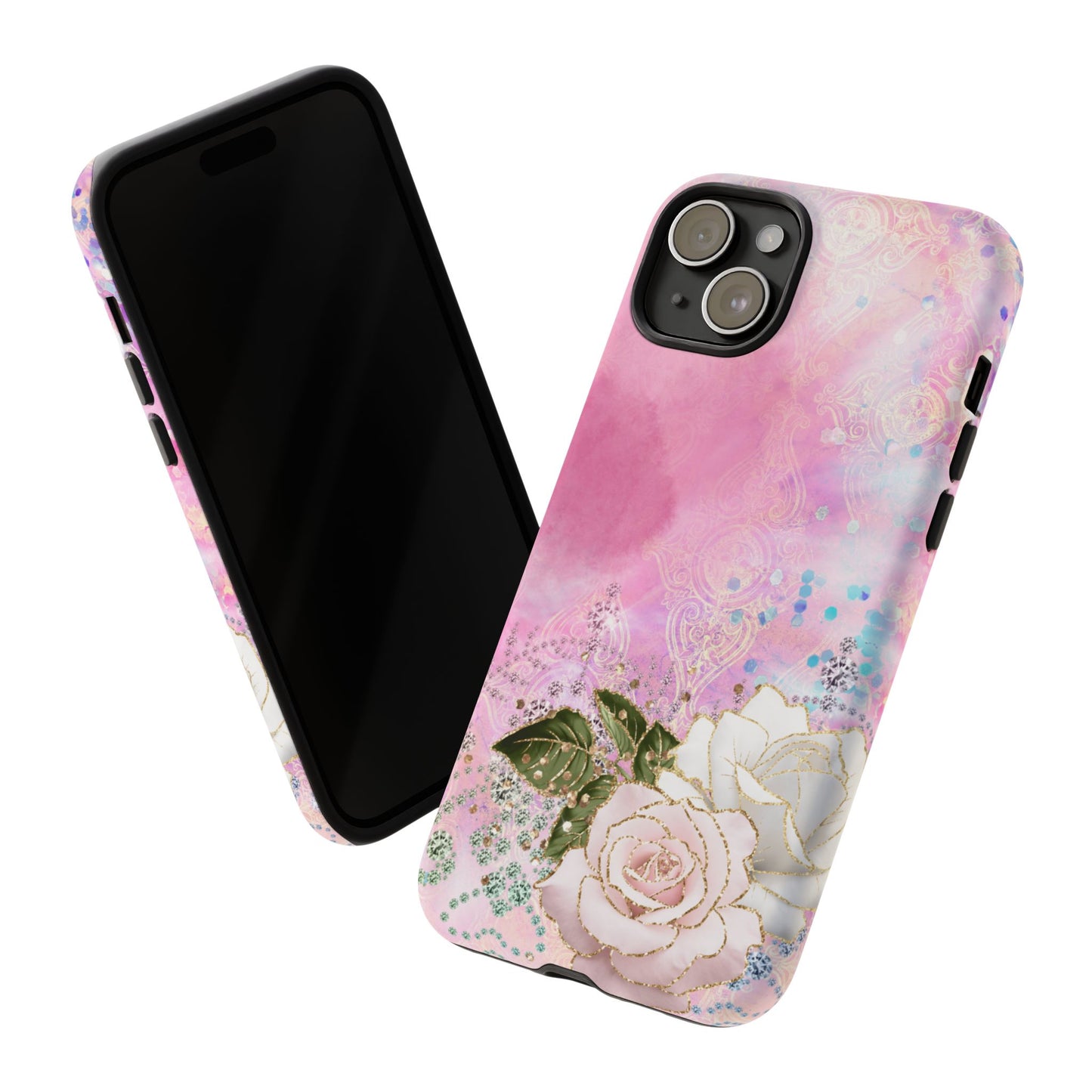 Luxury Pink & White Rose Glitter Mobile Case – Elegant & Shimmering Design