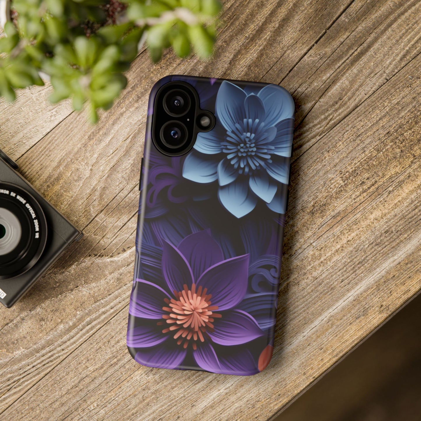 3D Floral Elegance Mobile Case – Midnight Blue & Purple Bloom