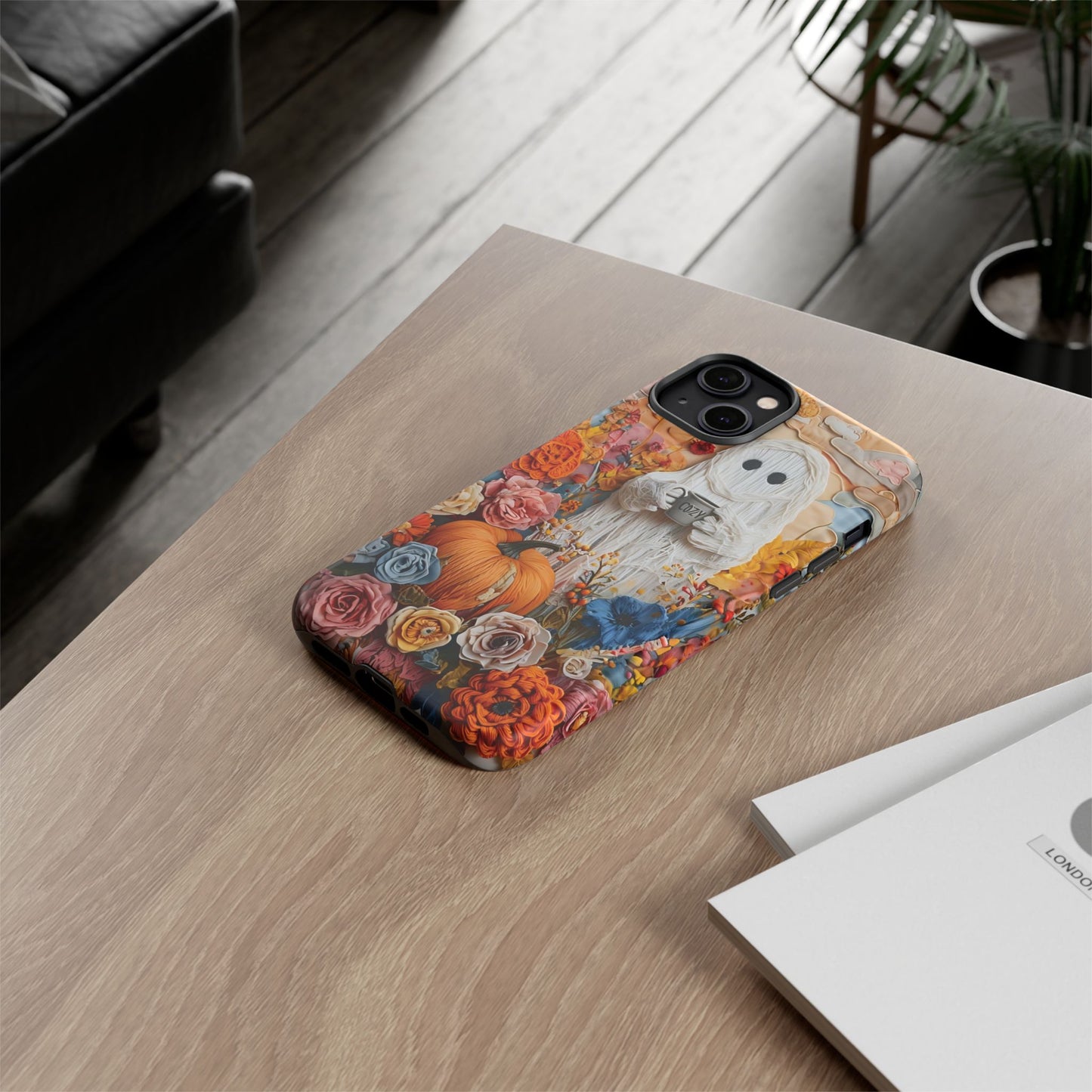 Colorful Whimsical Artwork of Ghost in Autumn Scene phone case design.
