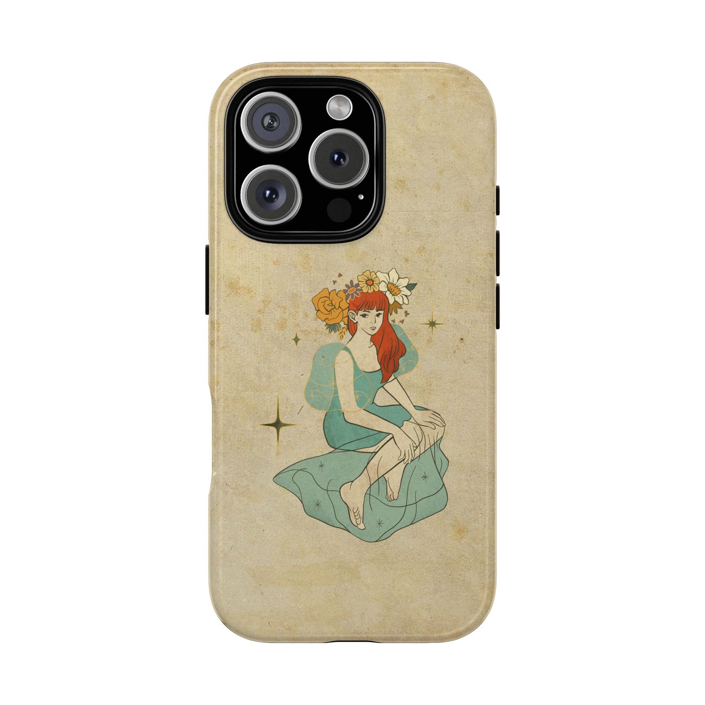 Vintage Aesthetic Phone Case – Cute Girl with Flower Crown | Minimal Beige Cover for iPhone, Samsung & Pixel