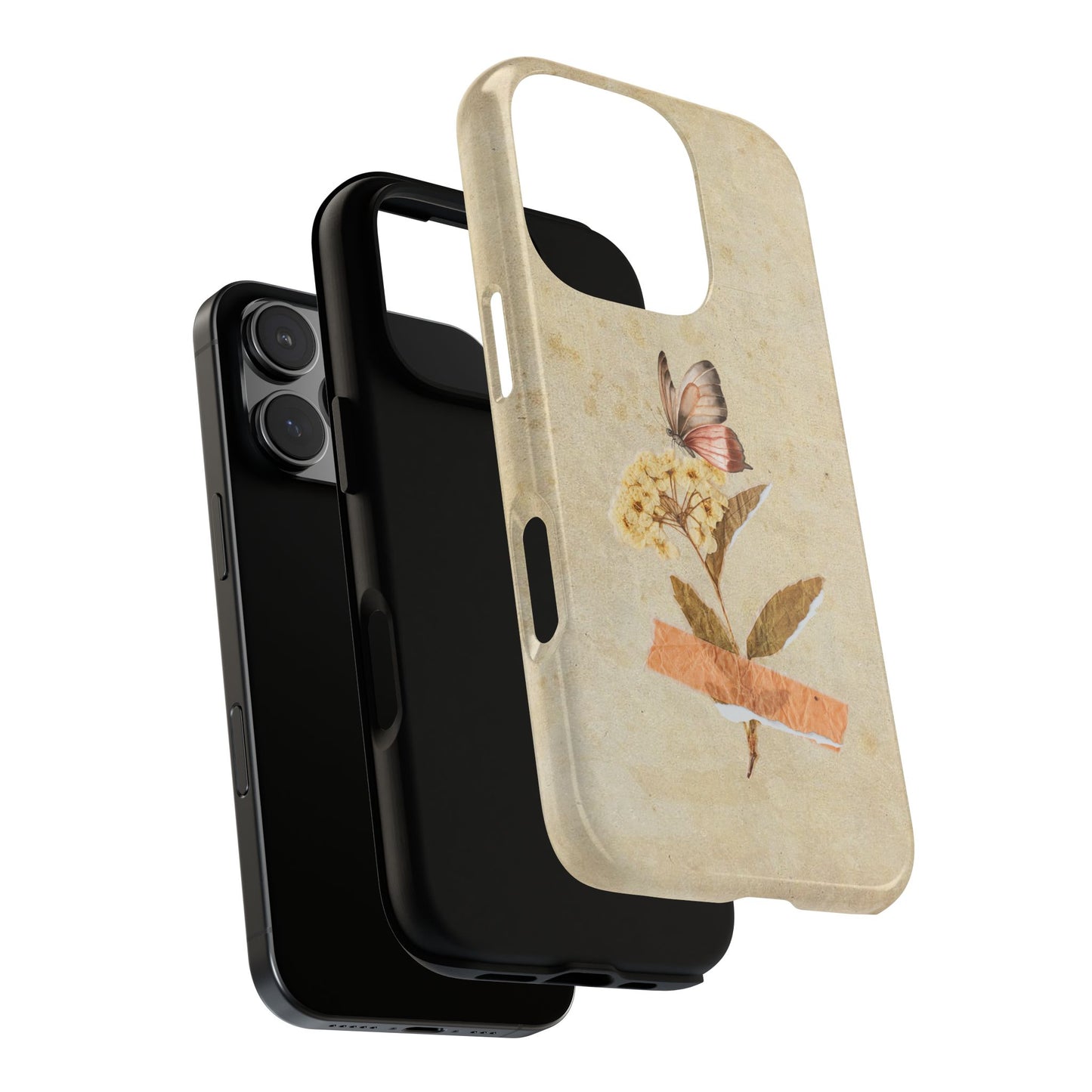 Minimal Vintage Floral Phone Case – Yellow Flower & Butterfly on Beige | For iPhone, Samsung & Google Pixel