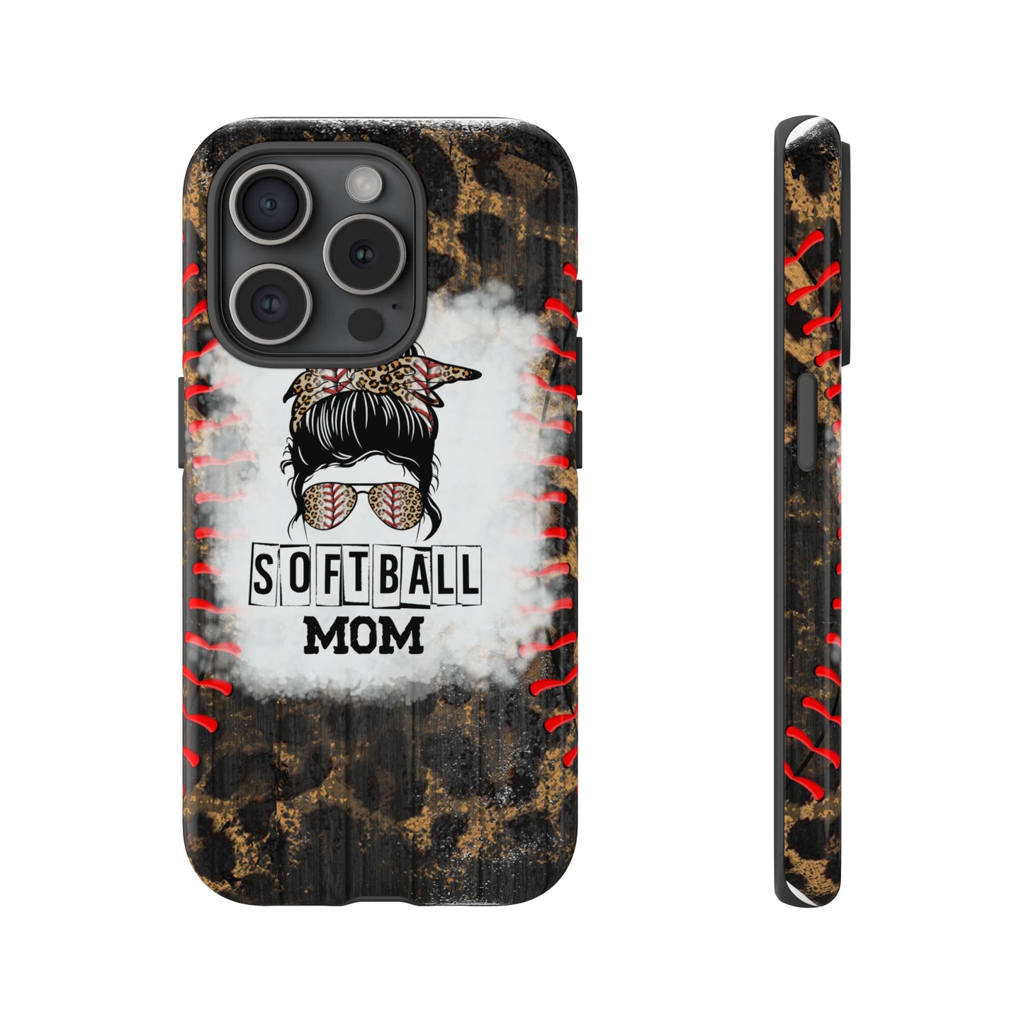 Softball Mom Phone Case for iPhone, Samsung & Google Pixel, Messy Bun Phone Case, Leopard Print Phone Case, Sports Lover Gift