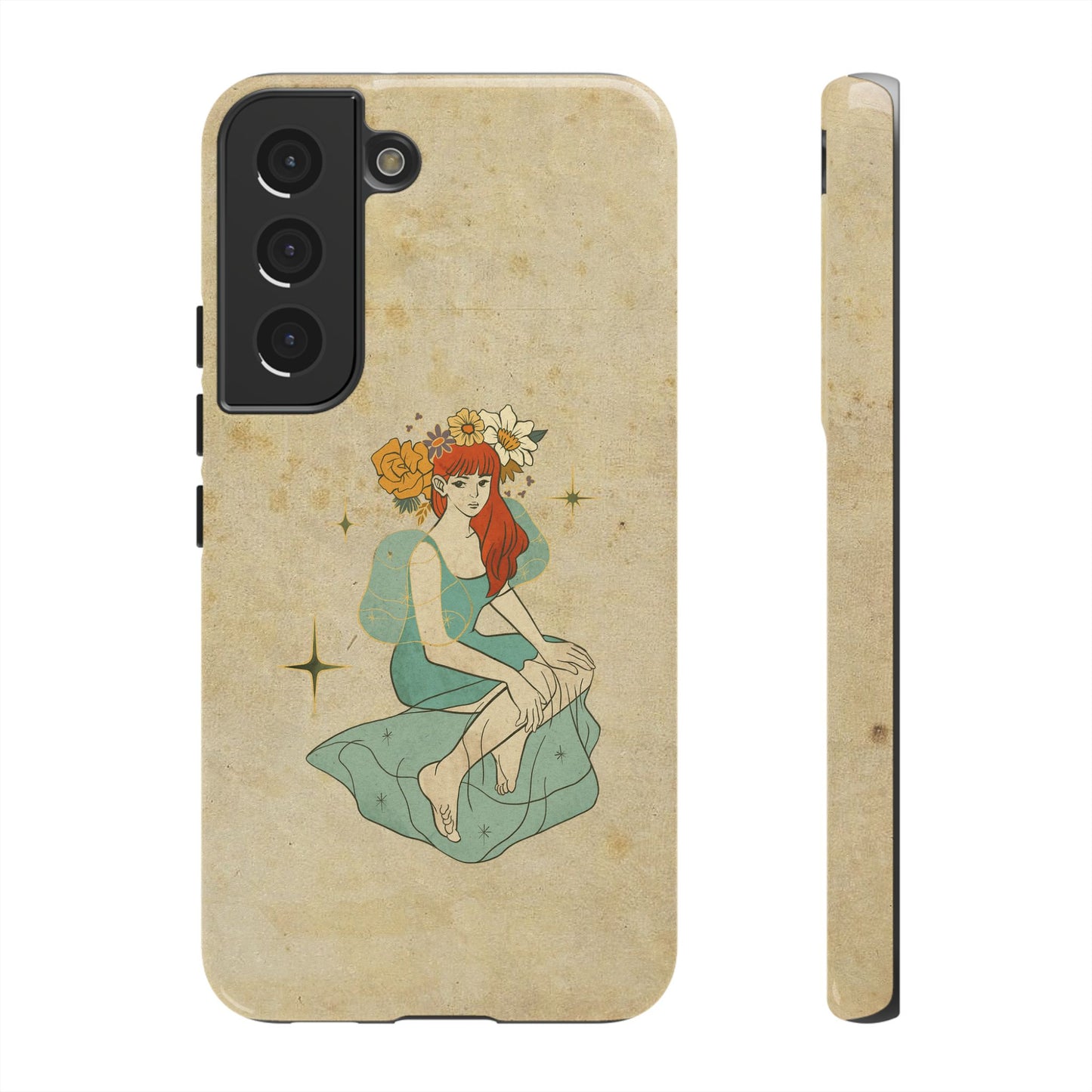Vintage Aesthetic Phone Case – Cute Girl with Flower Crown | Minimal Beige Cover for iPhone, Samsung & Pixel