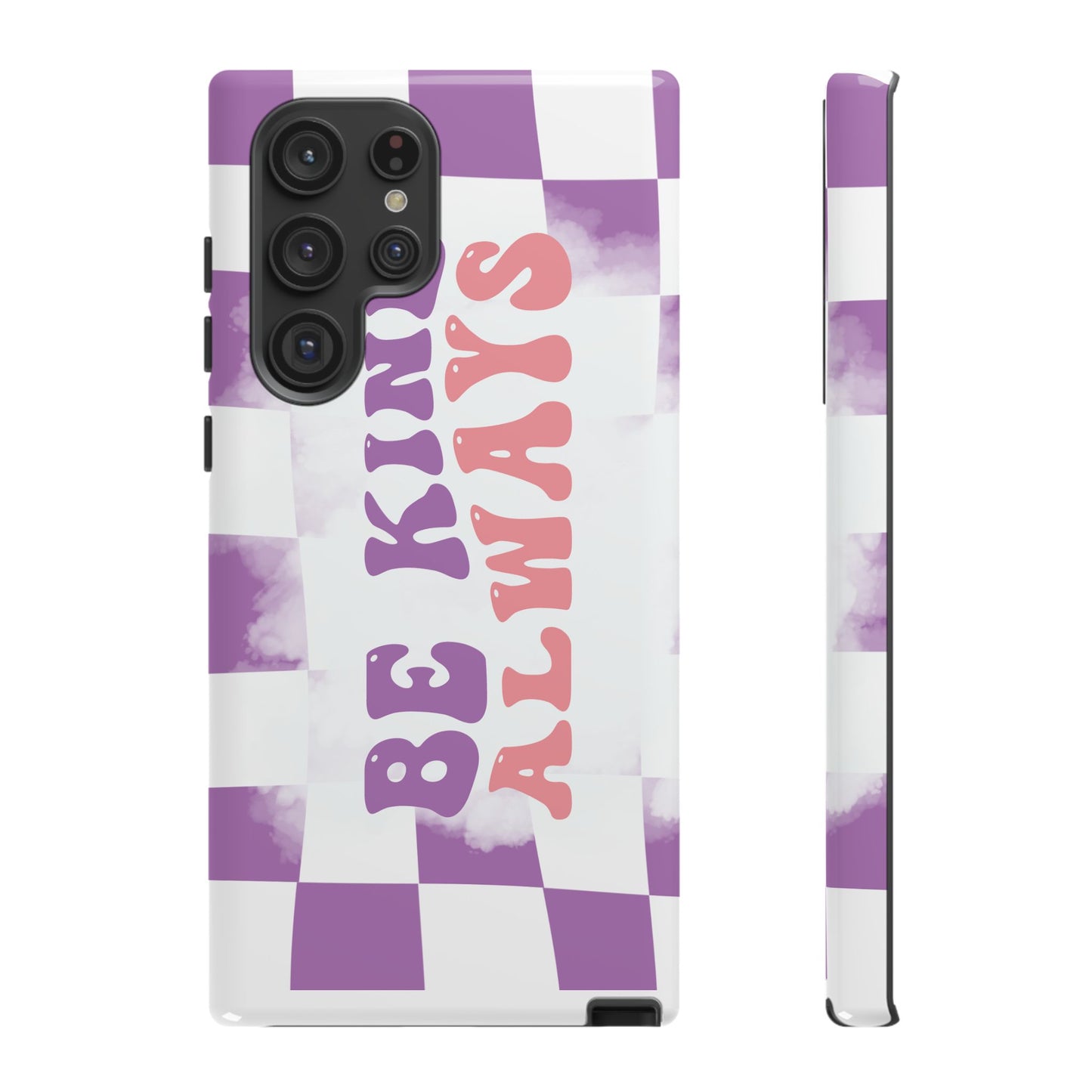 Be Kind Always Phone Case, Motivational Quote Cover for iPhone, Samsung & Google Pixel White Purple Checkered Pattern Phone Cover, Wavy Text Case, Kindness Phone Case, Inspirational Gift