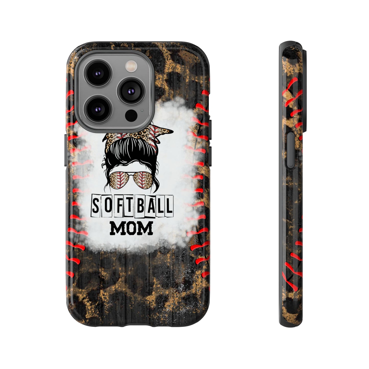 Softball Mom Phone Case for iPhone, Samsung & Google Pixel, Messy Bun Phone Case, Leopard Print Phone Case, Sports Lover Gift
