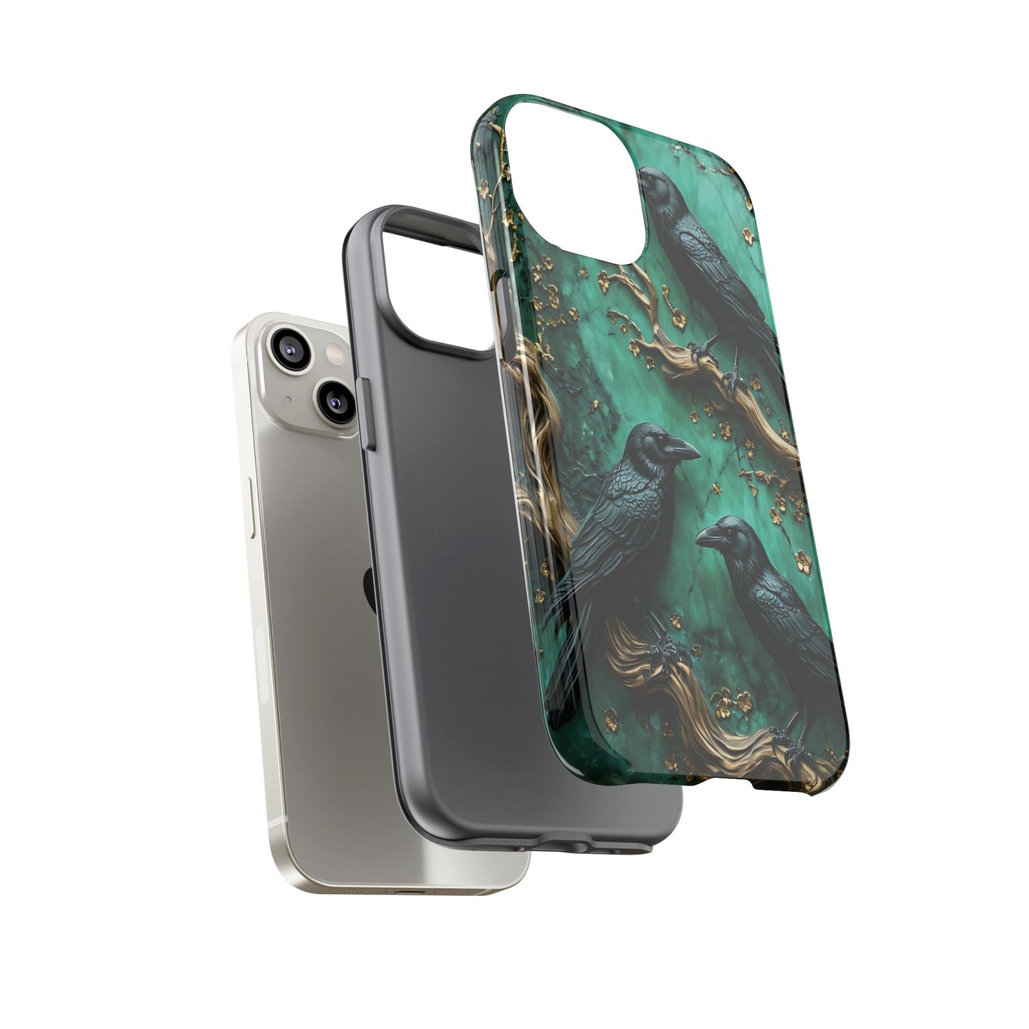 Three Black Ravens Perched On Gold-Accent Branches phone case design