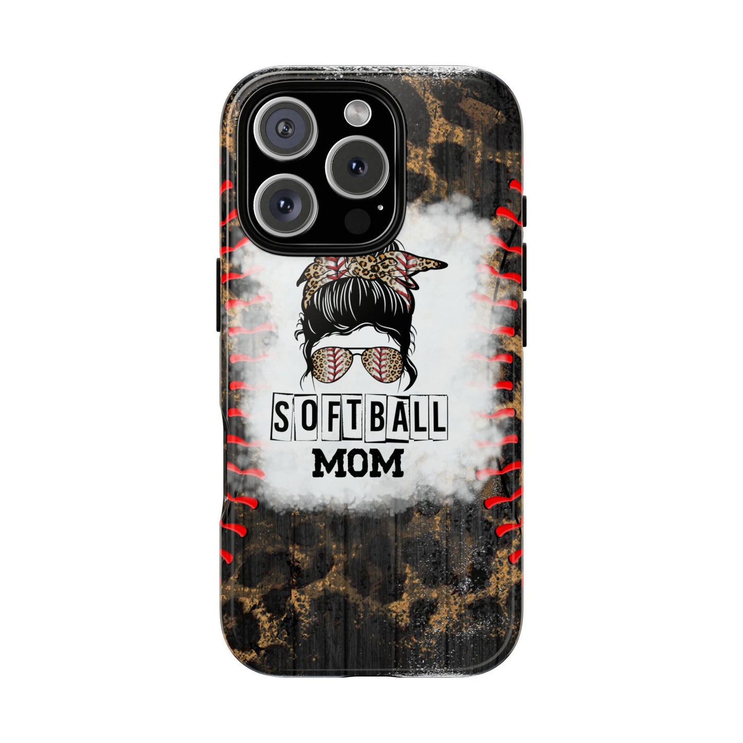 Softball Mom Phone Case for iPhone, Samsung & Google Pixel, Messy Bun Phone Case, Leopard Print Phone Case, Sports Lover Gift