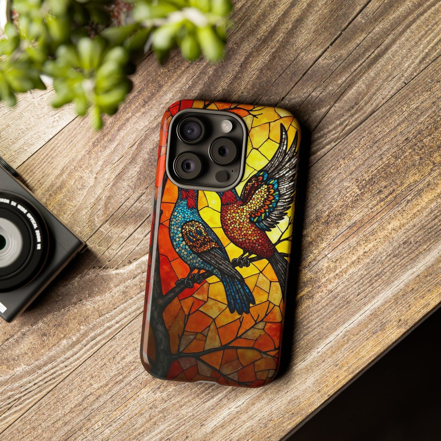 Vibrant Hummingbirds with Stained Glass Charm