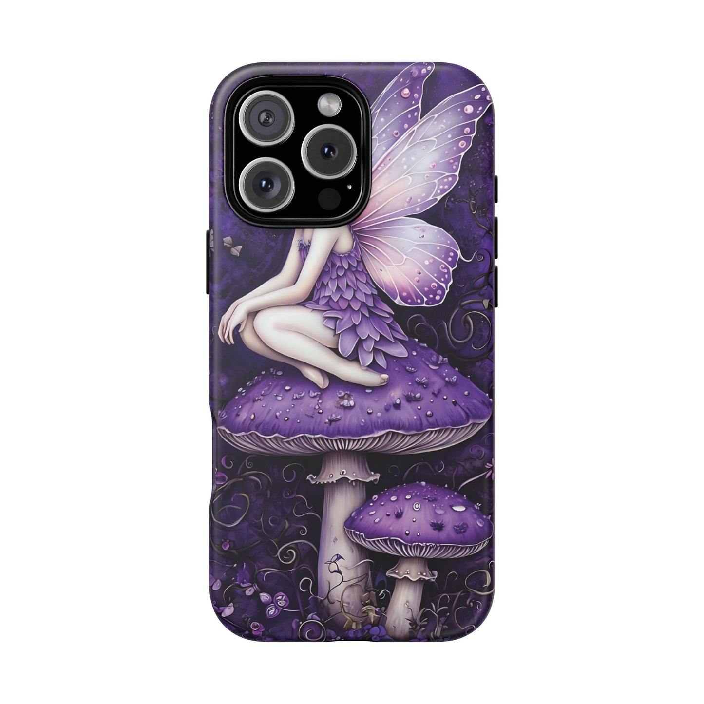 Whimsical Fairy Seated On Purple Mushroom In Enchanting Scene phone case design.