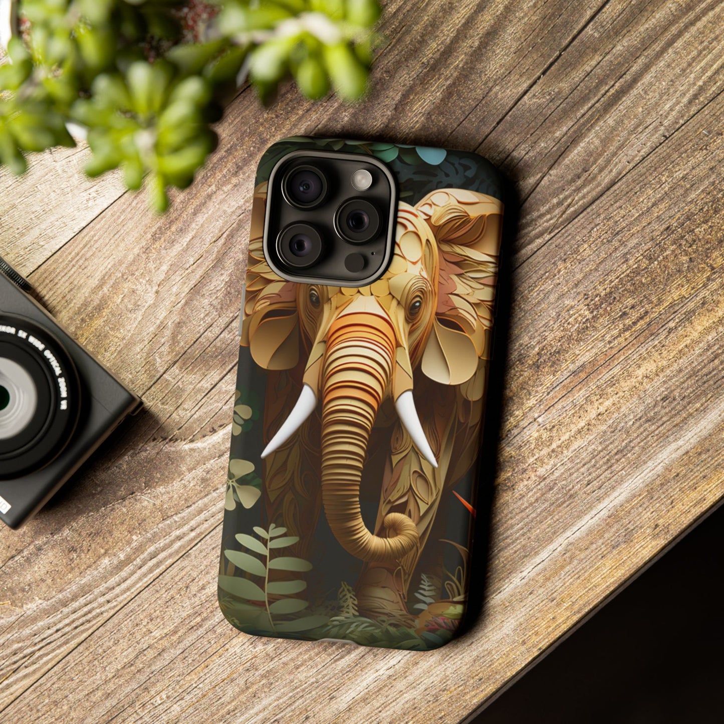 Golden Jungle Elephant Mobile Cover – Intricate Paper Art Design