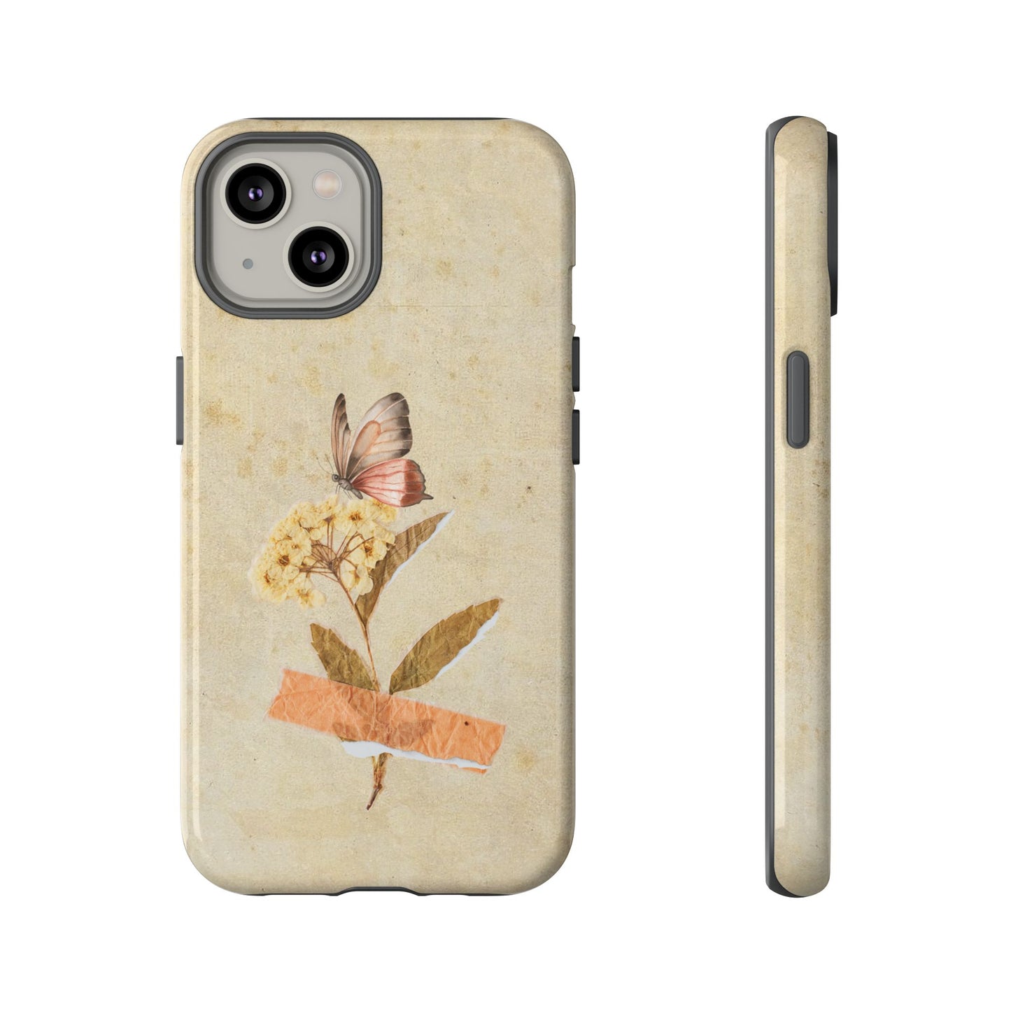 Minimal Vintage Floral Phone Case – Yellow Flower & Butterfly on Beige | For iPhone, Samsung & Google Pixel