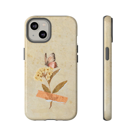 Minimal Vintage Floral Phone Case – Yellow Flower & Butterfly on Beige | For iPhone, Samsung & Google Pixel