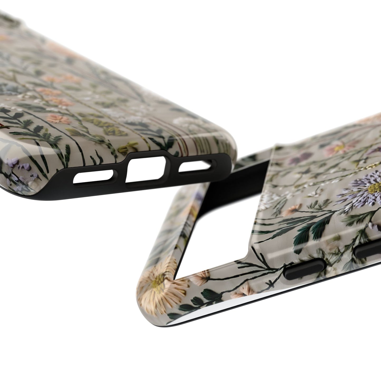 Intricate Embroidery Artwork Featuring Botanical Elements On Beige phone case design.