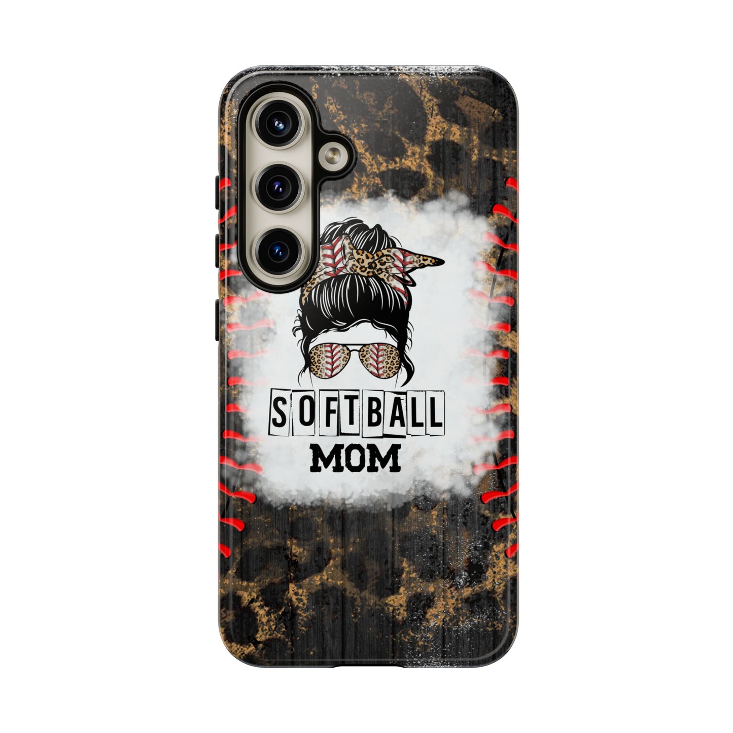 Softball Mom Phone Case for iPhone, Samsung & Google Pixel, Messy Bun Phone Case, Leopard Print Phone Case, Sports Lover Gift